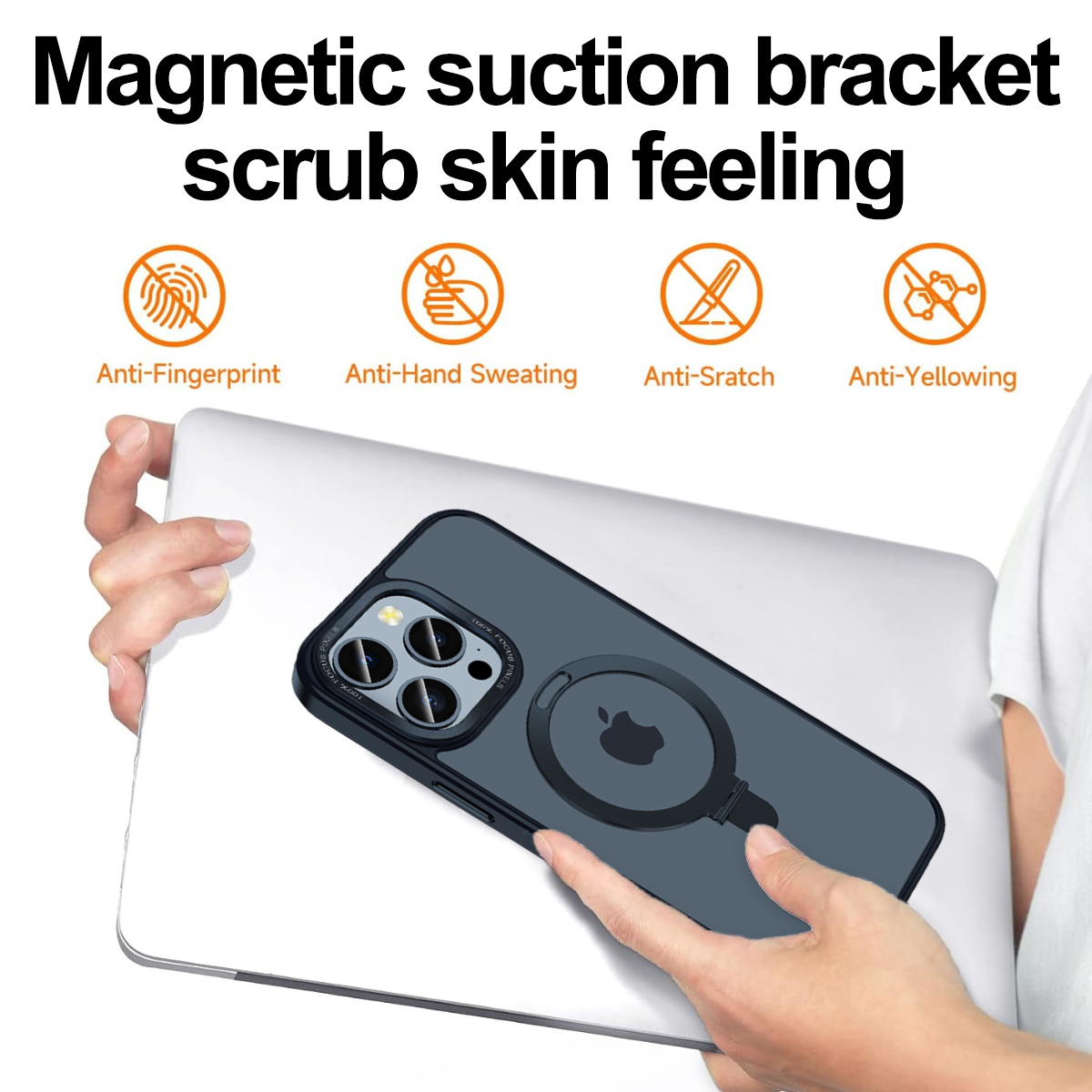Eine Handyhülle auf einem Laptop, mit Symbolen für Anti-Fingerabdruck, Anti-Schweiß, Anti-Kratzer.