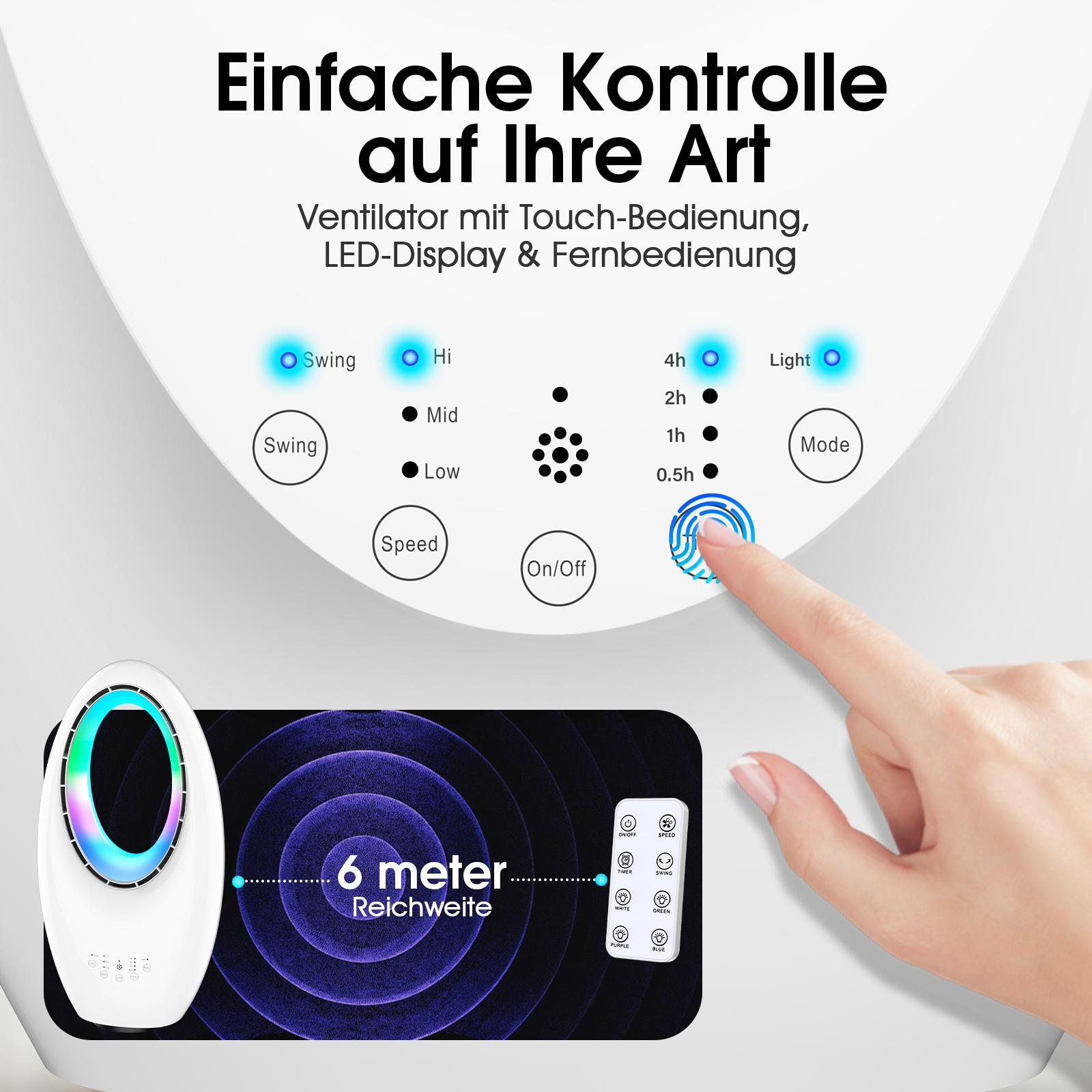 Nahaufnahme des Bedienfelds eines weißen Ventilators mit Touch- und Fernbedienung.
