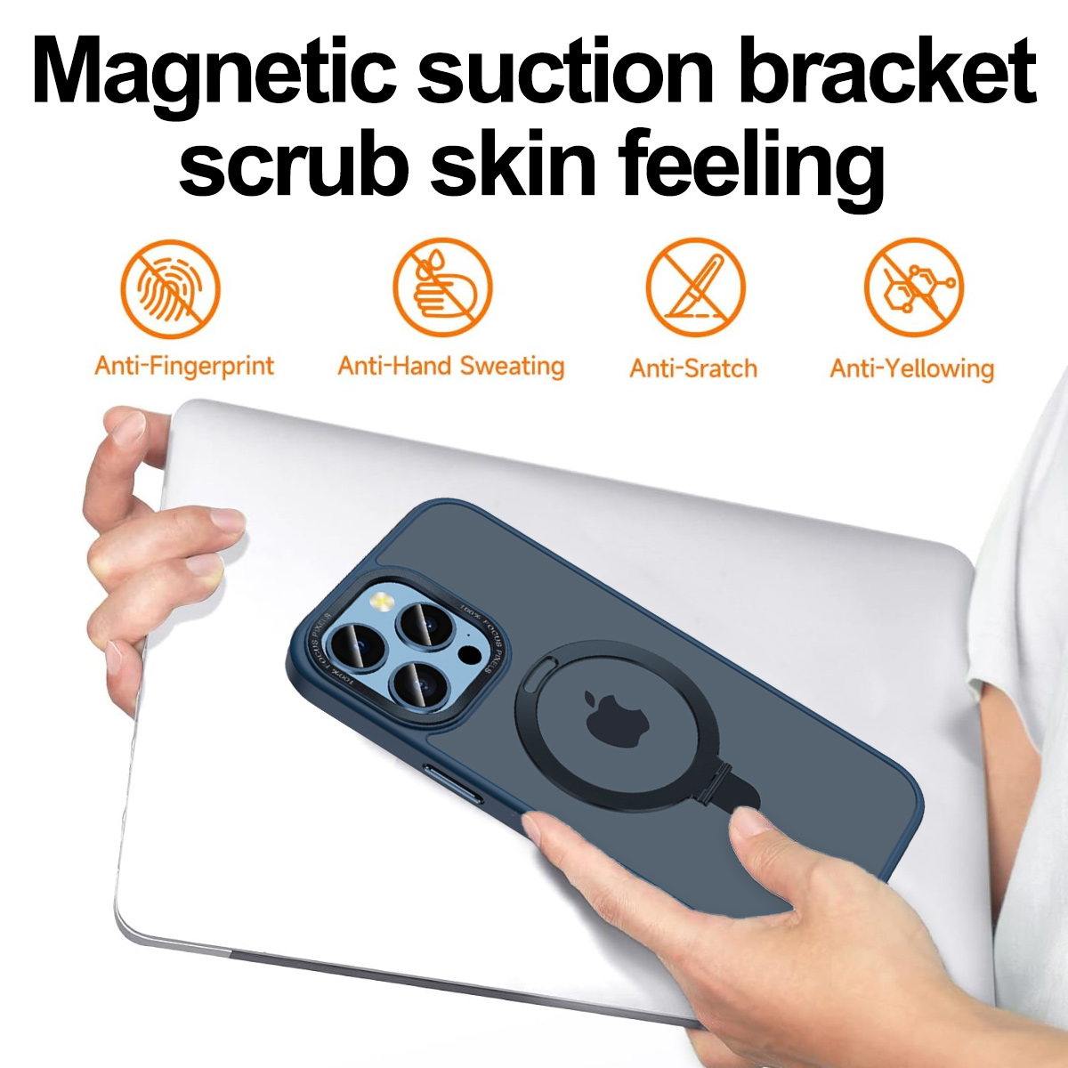 Eine Handyhülle mit einem Magnetring auf einem Laptop.