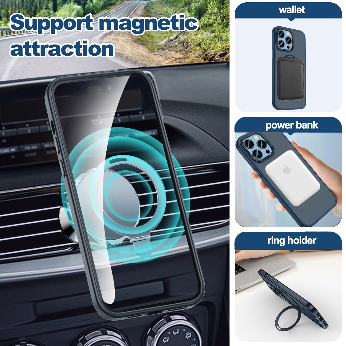 Telefon im Auto mit Magnet-Halterung. Zeigt Telefon mit Brieftasche, Powerbank und Ringhalter. Unterstützung magnetischer Anziehung.