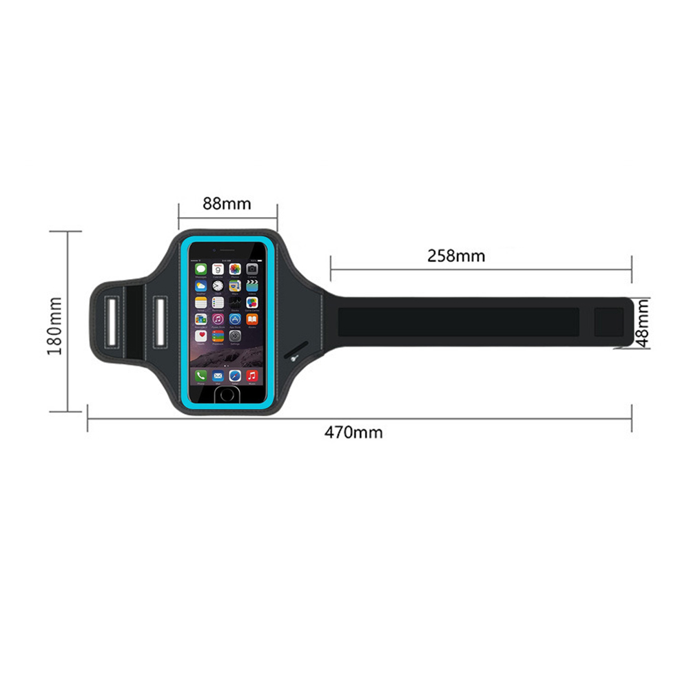 Schwarzes und blaues Armband mit einem Telefon, Maße sind angegeben.