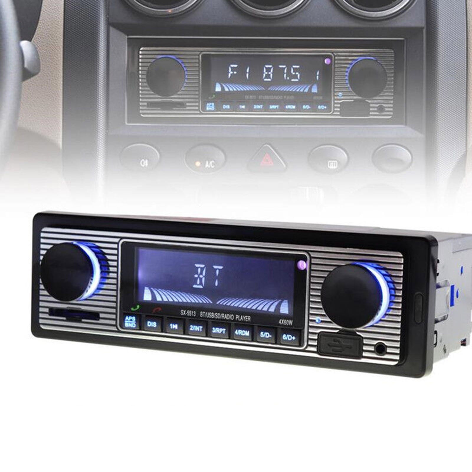Ein Autoradio mit Display, das die UKW-Radiofrequenz anzeigt. Das Radio befindet sich im Armaturenbrett des Autos.