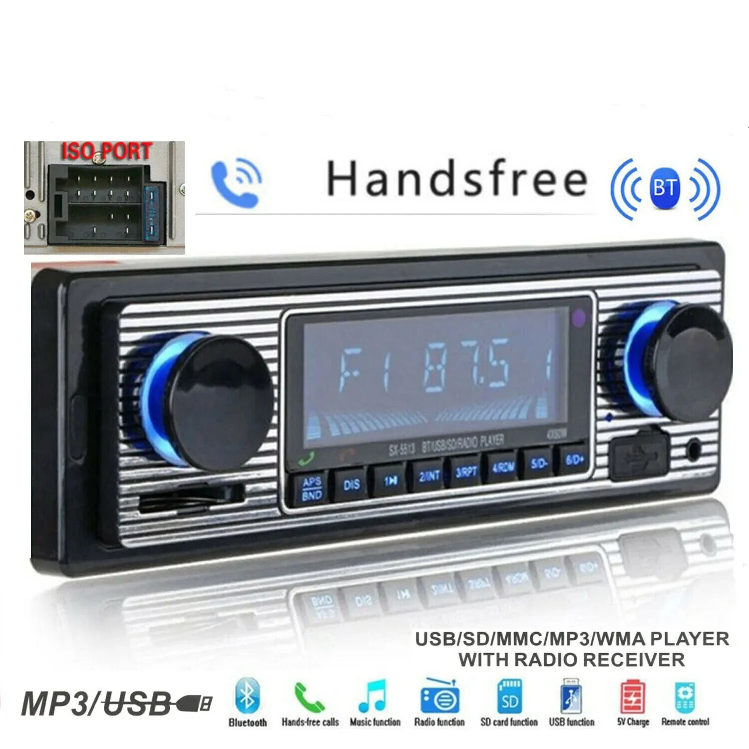 Ein Autoradio mit Knöpfen, einem Display und einem USB/SD-Anschluss.