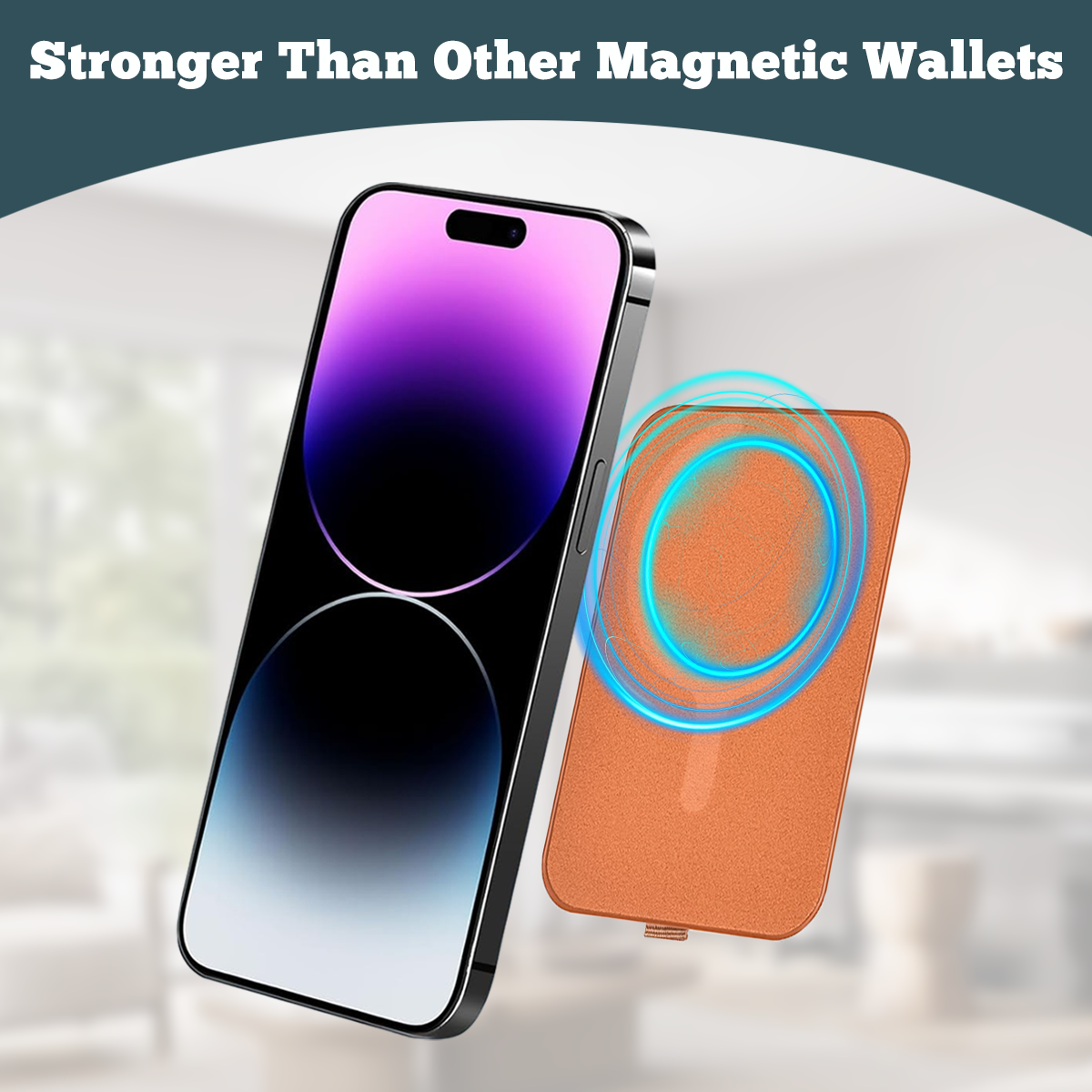 Ein Telefon und eine magnetische Geldbörse in Schwarz und Orange mit blauer Aura.