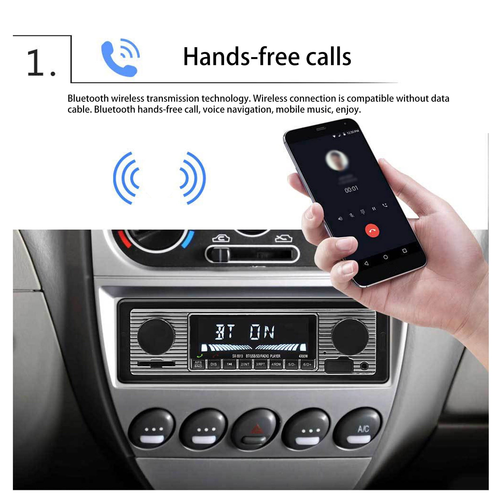 Ein Autoradio mit Smartphone, das eine Anrufschnittstelle zeigt. Bluetooth-Freisprechfunktion.