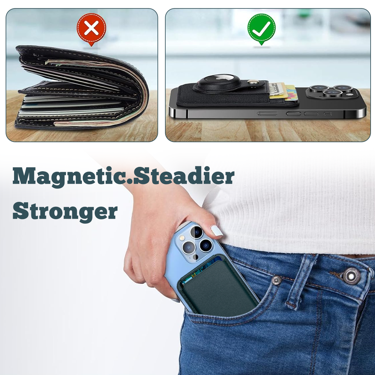 Vergleich einer sperrigen Brieftasche mit einer Handyhülle mit Kartenhalter und eine Person, die sie benutzt.