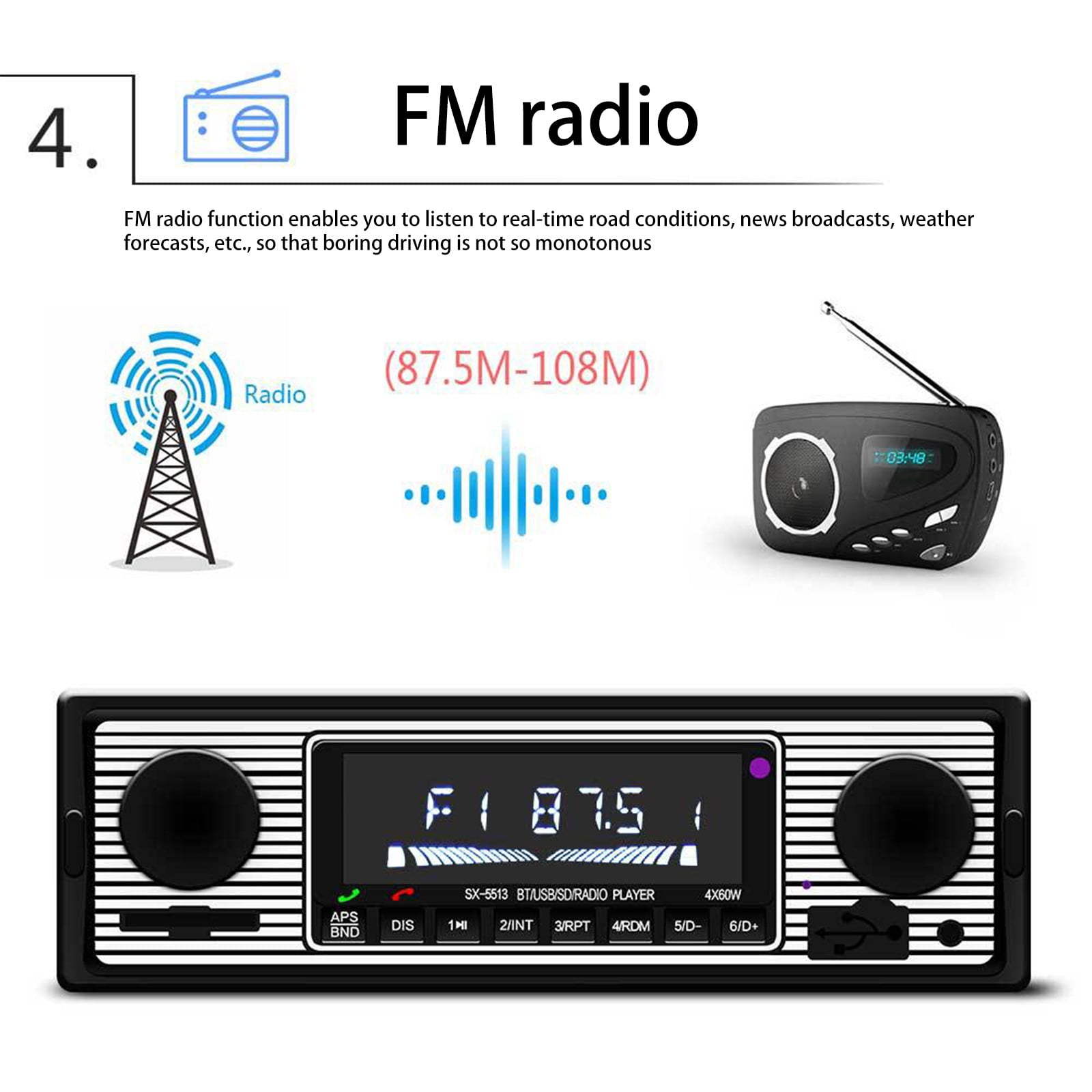 FM-Radio mit schwarzem Bildschirm. Der Bildschirm zeigt Funkwellen und ein Autoradio mit Knöpfen. FM-Radiofunktion.