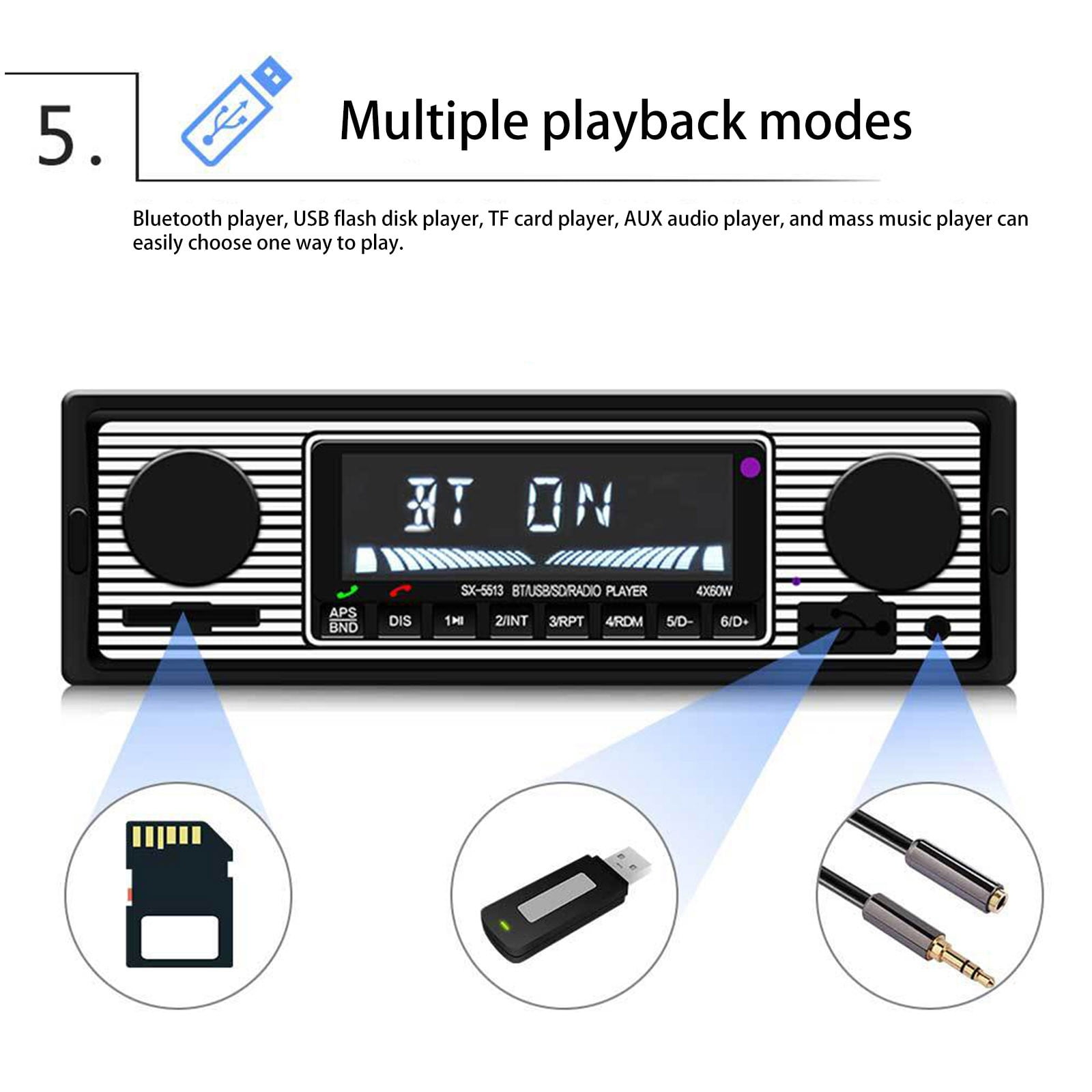 Ein Autoradio mit Bildschirm. Es zeigt 'BT ON' und hat Eingänge für SD-Karte, USB und AUX.