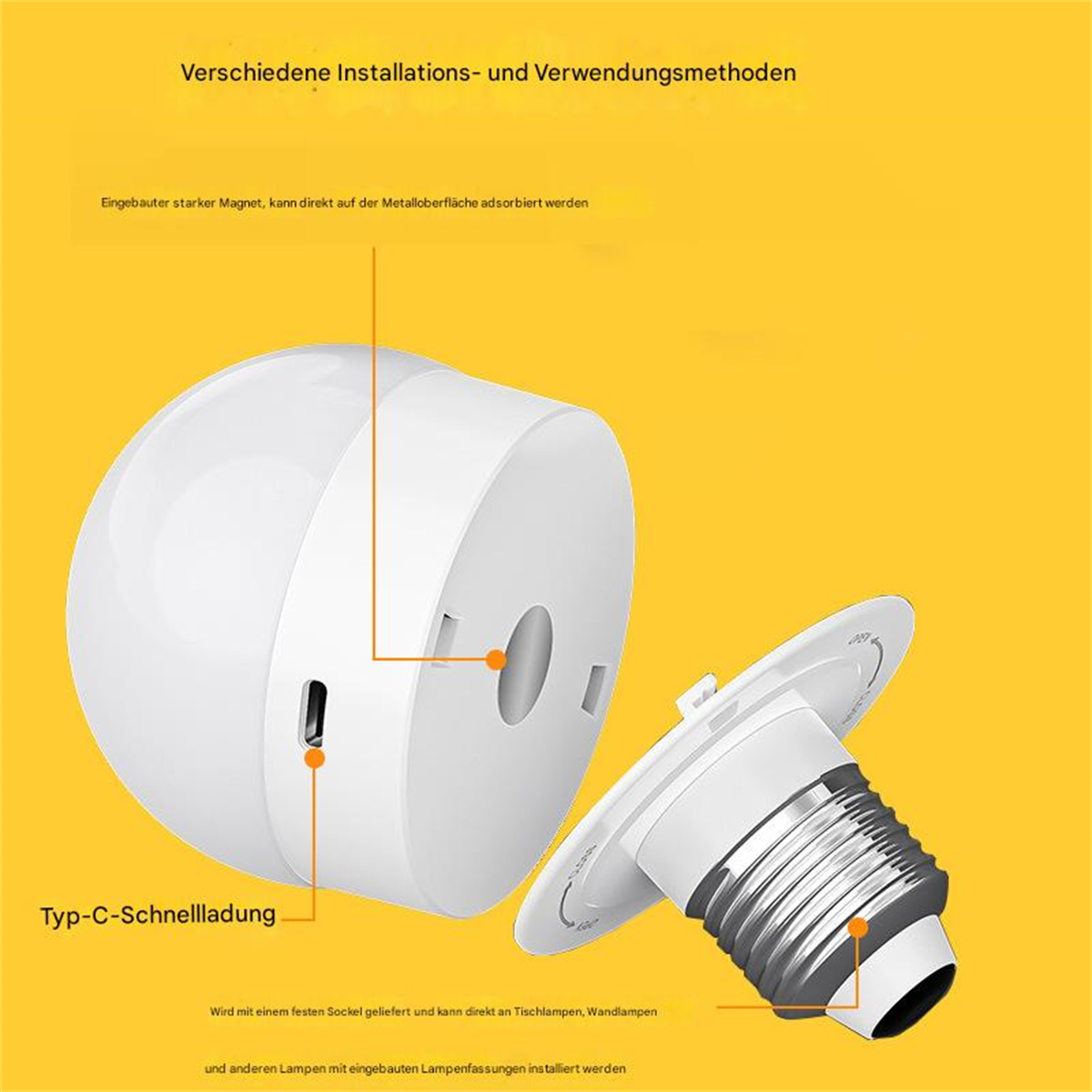 Weiße LED-Glühbirne mit runder Form. Zeigt die Fassung und den elektrischen Anschluss.