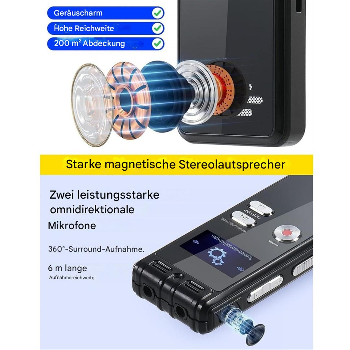 Schwarzes Aufnahmegerät mit Bildschirm, Knöpfen und Lautsprecher. Es hat Textüberlagerungen. Zeigt mehrere Funktionen.