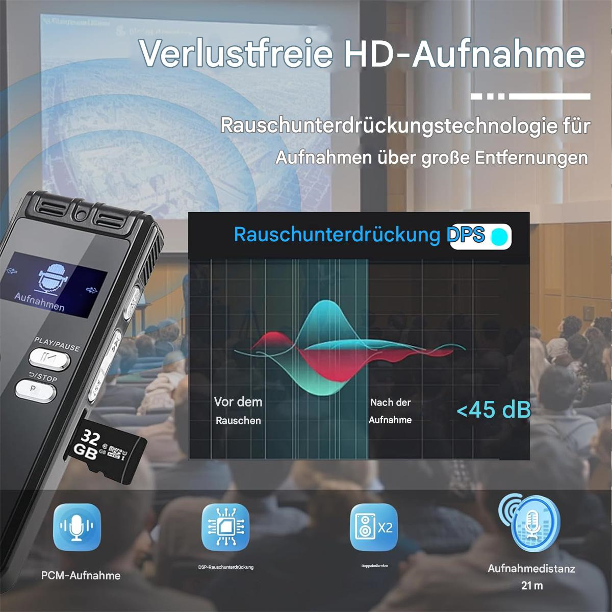 Schwarzer Sprachrekorder mit Bildschirm. Zeigt ein Diagramm und Text zur Rauschunterdrückung. Enthält eine 32GB Karte.