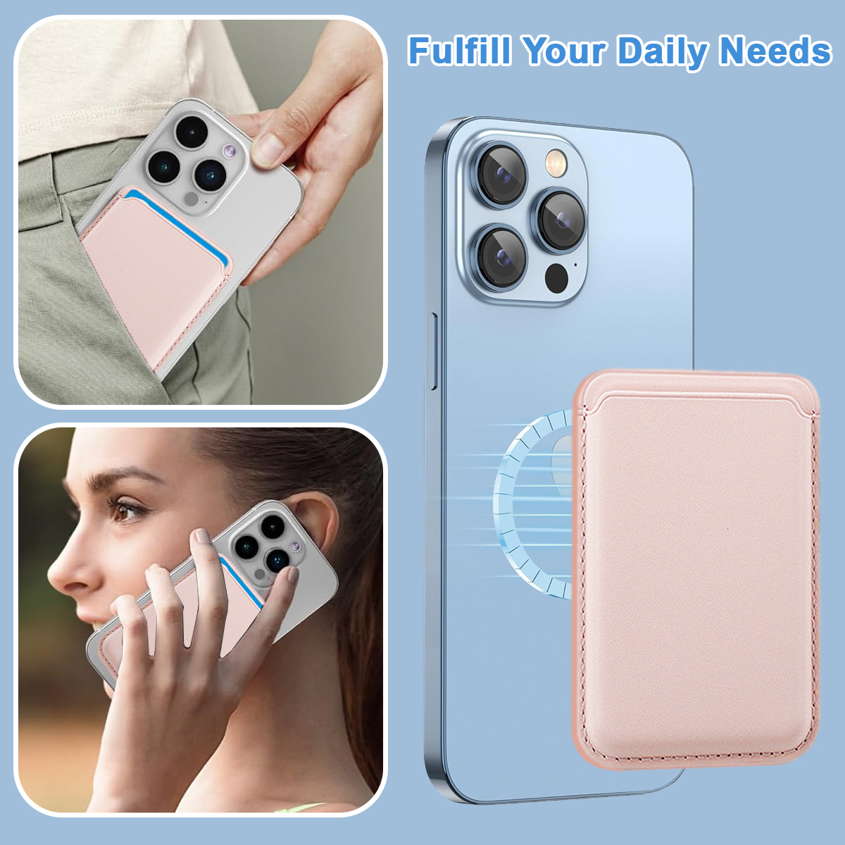 Mehrere Bilder eines rosa Handy-Portemonnaies. Eins auf einem Telefon, eins in der Hand, eins auf der Rückseite.