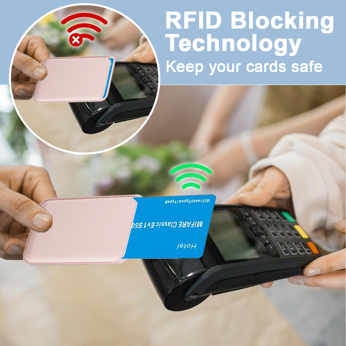 Zwei Hände halten Zahlungskarten in der Nähe eines Zahlungsterminals. RFID-Blockiertechnologie.