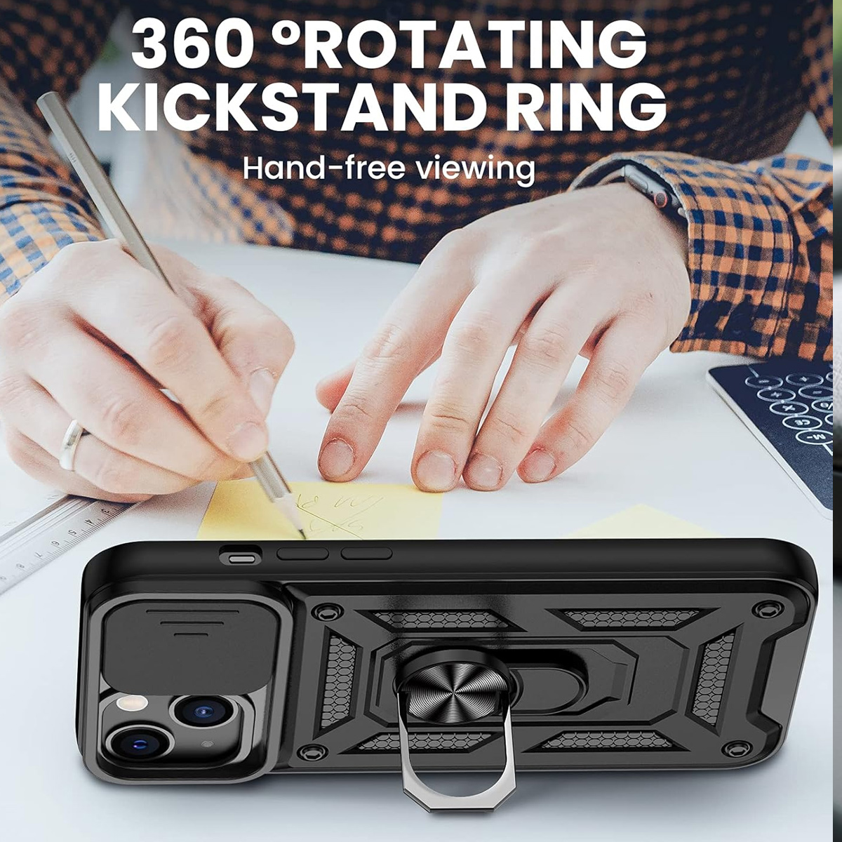 Schwarze Handyhülle mit Ring. Eine Hand hält einen Stift. Text: 360° drehbarer Kickstand-Ring. Freihändiges Betrachten.