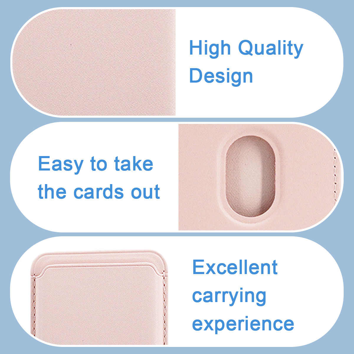 Rosa Kartenhalter mit drei Etiketten: Hochwertiges Design, Karten einfach herausnehmen, Hervorragend.