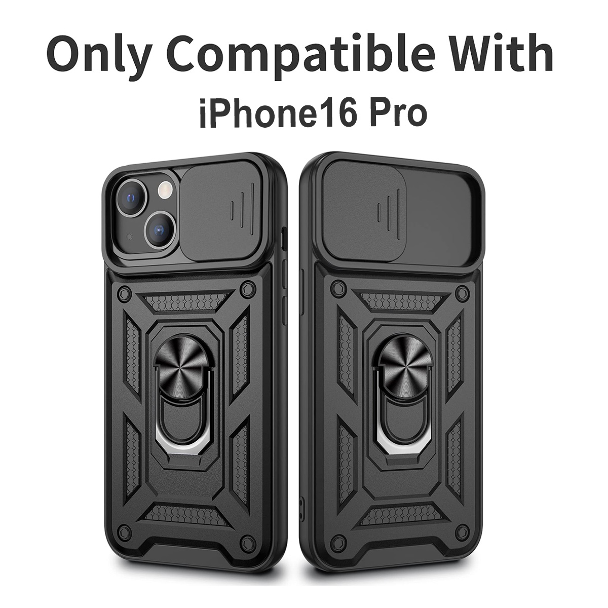 Das Bild zeigt zwei schwarze Handyhüllen für das iPhone 16 Pro. Die Hüllen haben eine Kameraabdeckung und einen Ringhalter.