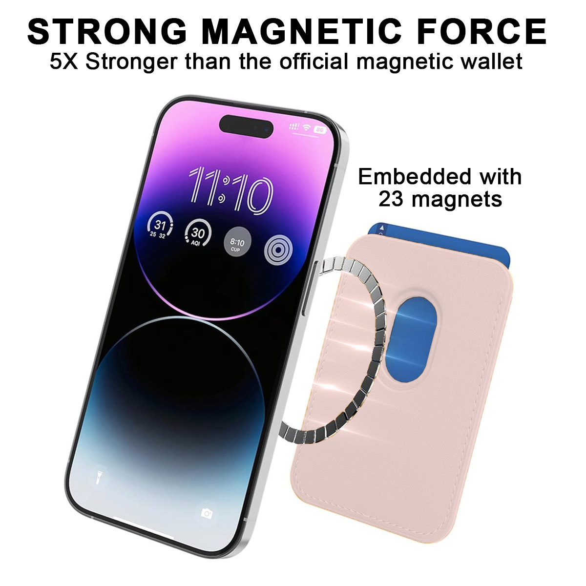 Telefon mit Digitalanzeige neben einem pinken Magnetportemonnaie.