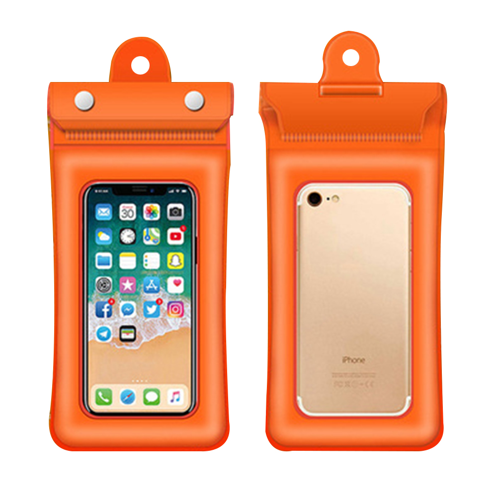 Das Bild zeigt zwei orangefarbene wasserdichte Handyhüllen. Eines zeigt ein Telefon mit Apps, das andere die Rückseite des Telefons.