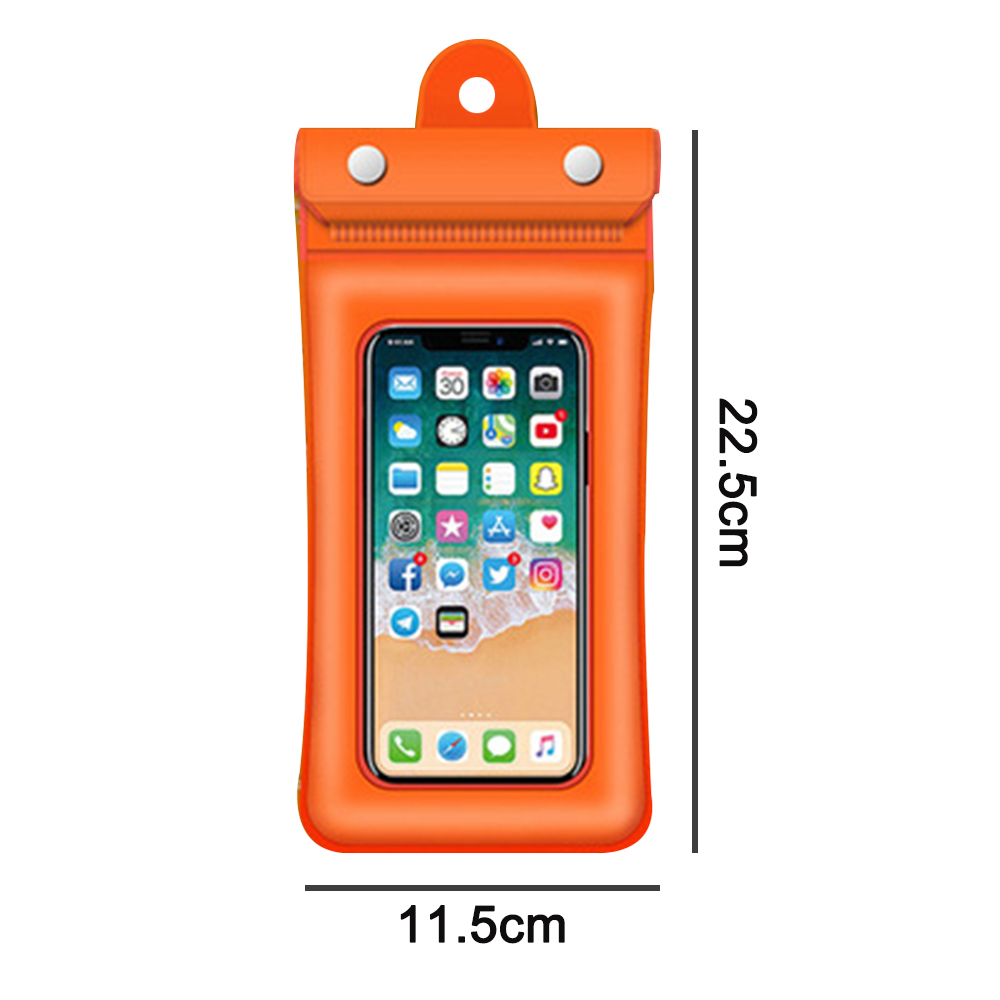 Orange wasserdichte Handyhülle mit Telefon. Maße: 22,5 cm x 11,5 cm.