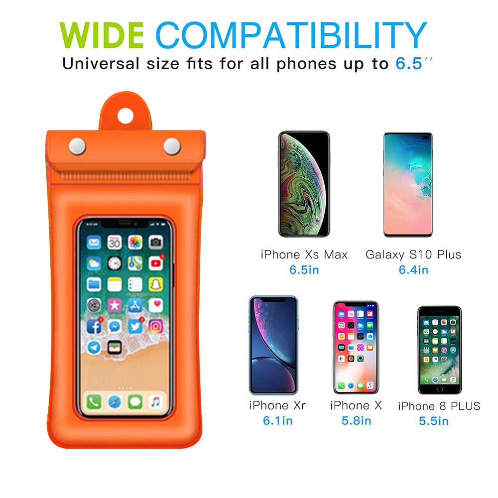 Orange wasserdichte Handytasche mit Handys: Xs Max, S10 Plus, Xr, X, 8 Plus.