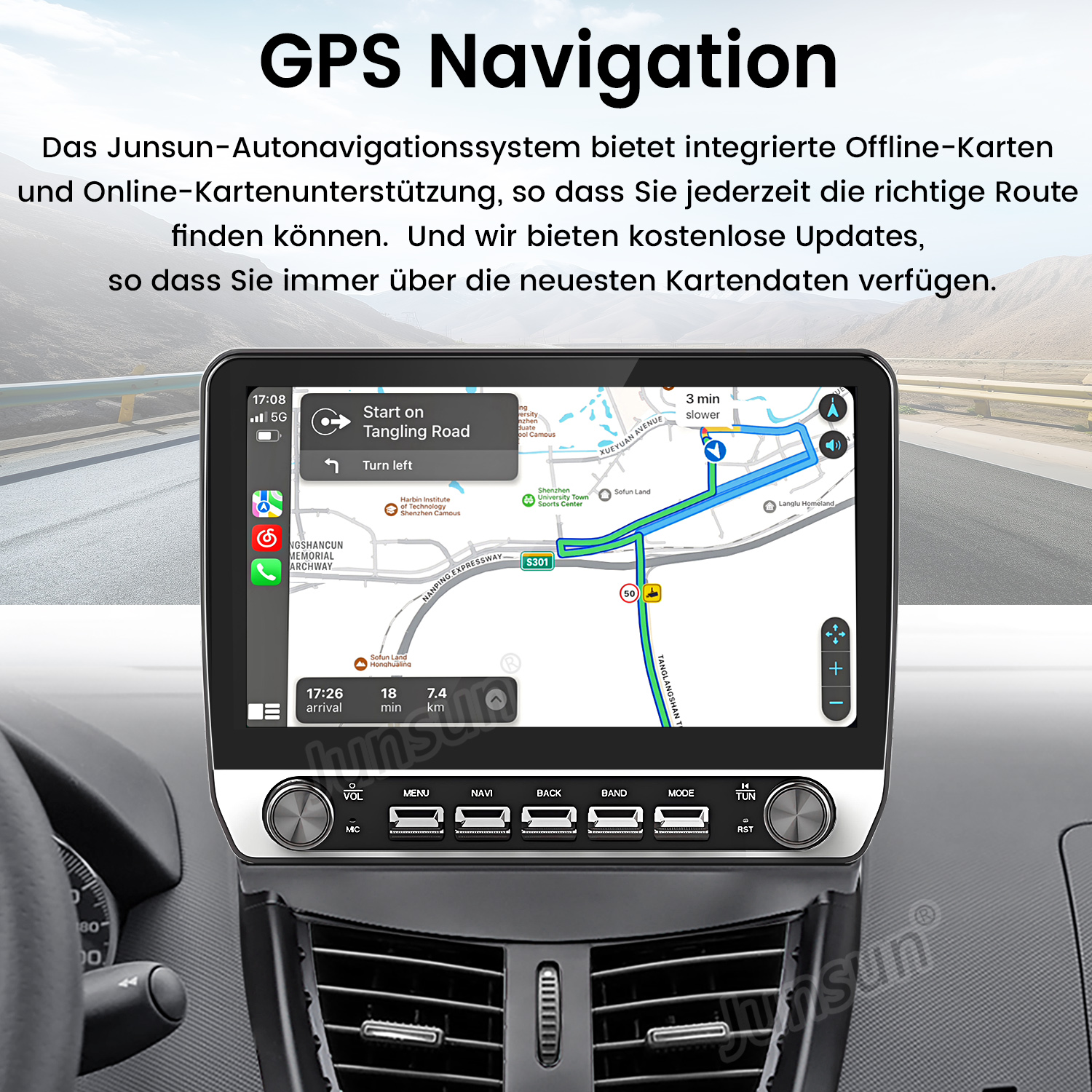 GPS-Navigationsbildschirm im Armaturenbrett eines Autos, der eine Karte und Navigationsdetails zeigt.