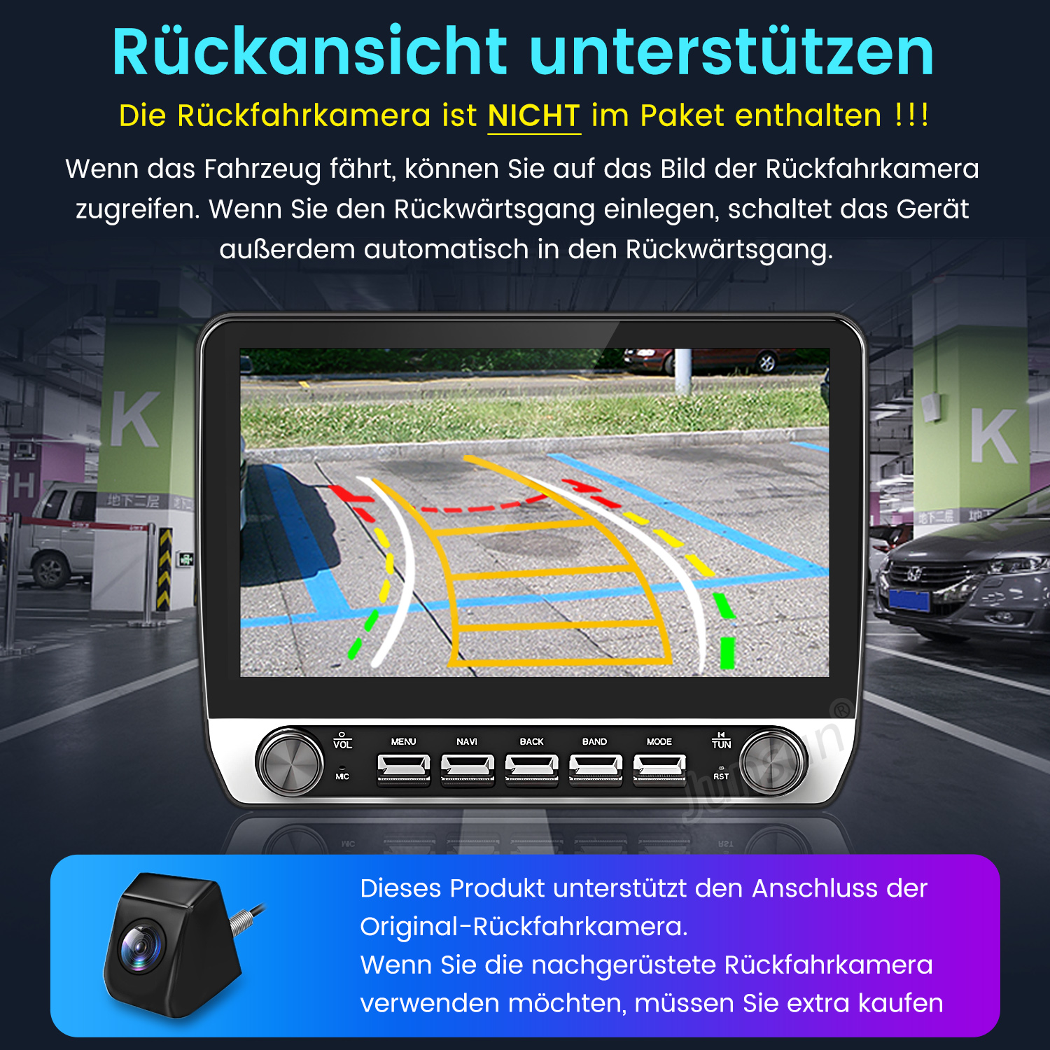 Ein Bildschirm zeigt die Rückfahrkameraansicht eines Autos mit Parklinien.