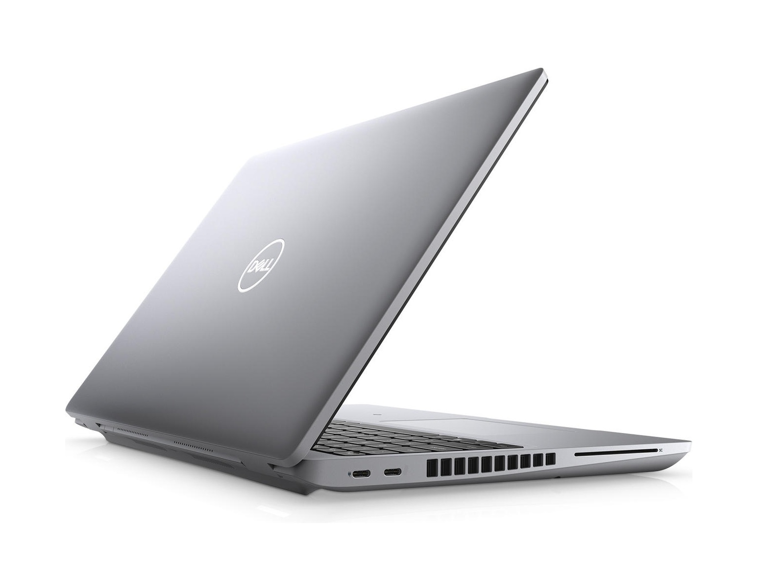 Ein Dell Laptop, angewinkelte Ansicht, mit leicht geöffnetem Bildschirm, auf weißem Hintergrund platziert.