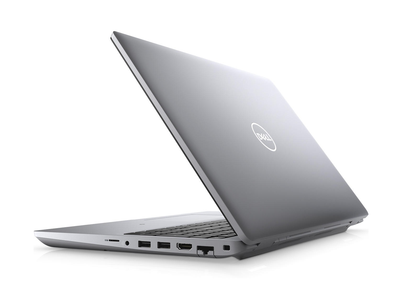 Ein silberner Laptop mit leicht geöffnetem Deckel, der die Rückseite zeigt. Das Dell-Logo ist auf der Rückseite sichtbar.