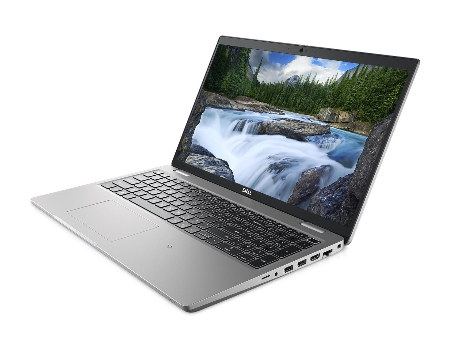 Ein silberner Dell Laptop, in Seitenansicht, auf weißem Hintergrund dargestellt.
