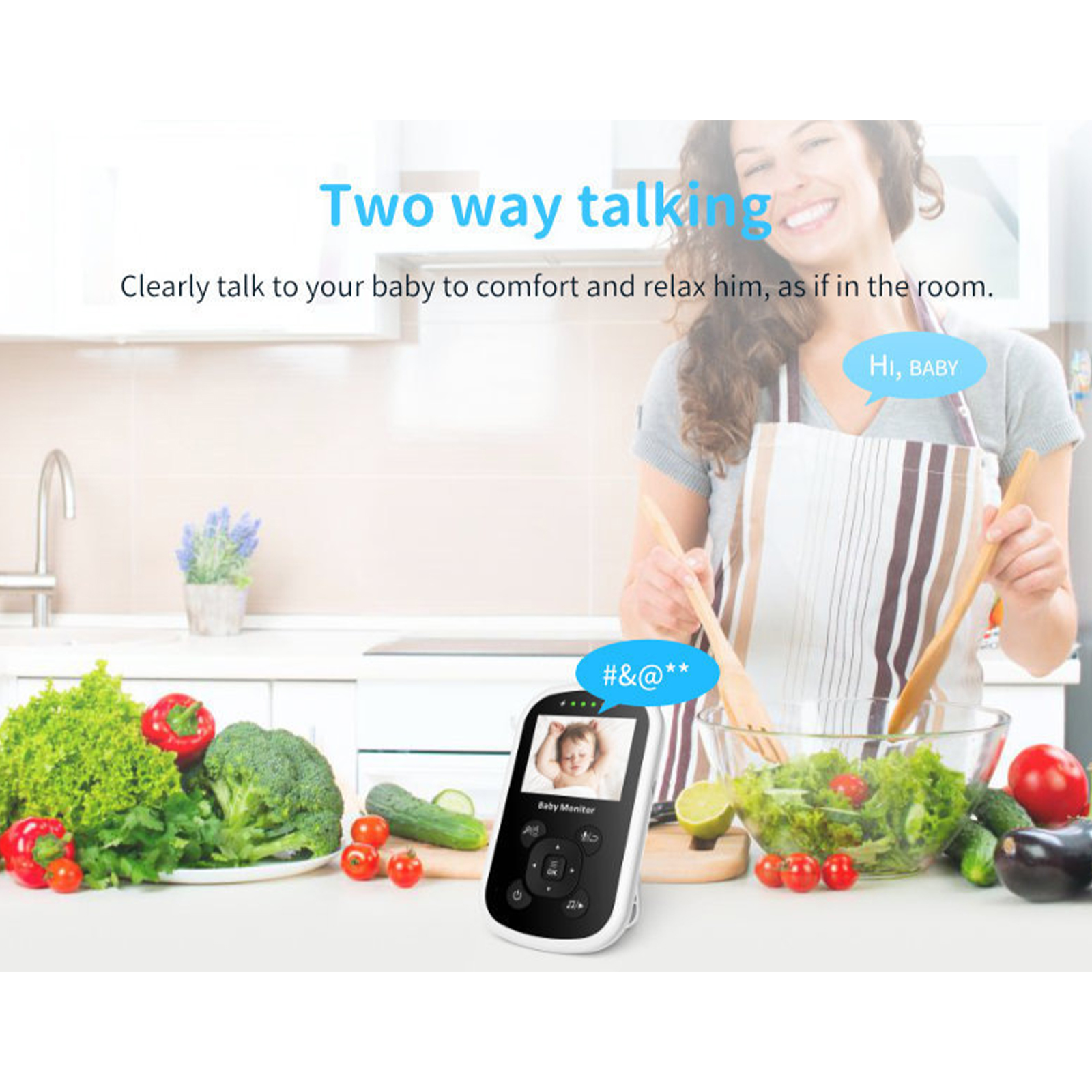 Ein Babyphone zeigt ein Baby. Eine Frau ist im Hintergrund und der Text lautet: „Zwei-Wege-Gespräch“.