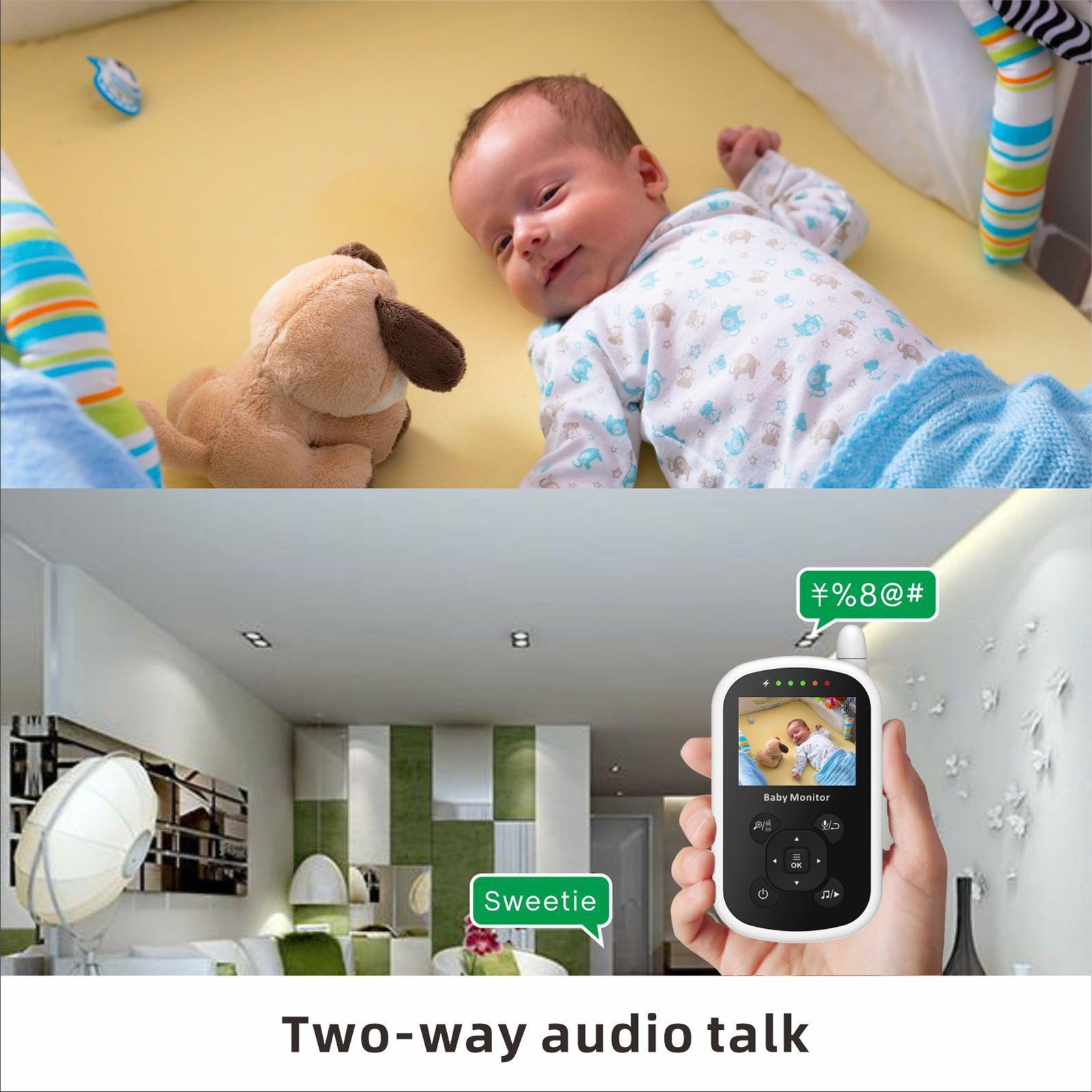 Ein Babyphone, das ein Baby zeigt, und eine Hand, die das Gerät hält. Zwei-Wege-Audio.