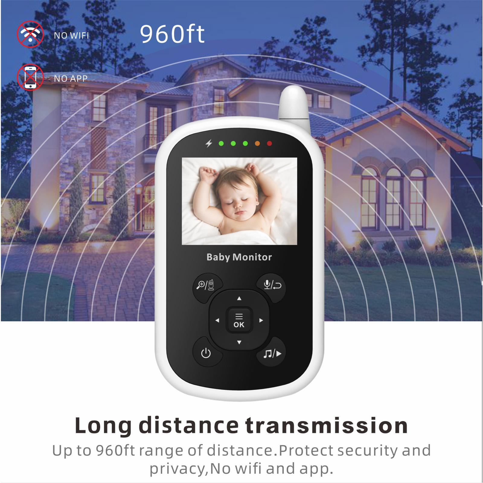 Babyphone, das ein schlafendes Baby zeigt. Haus im Hintergrund. Zeigt kein WLAN, keine App.
