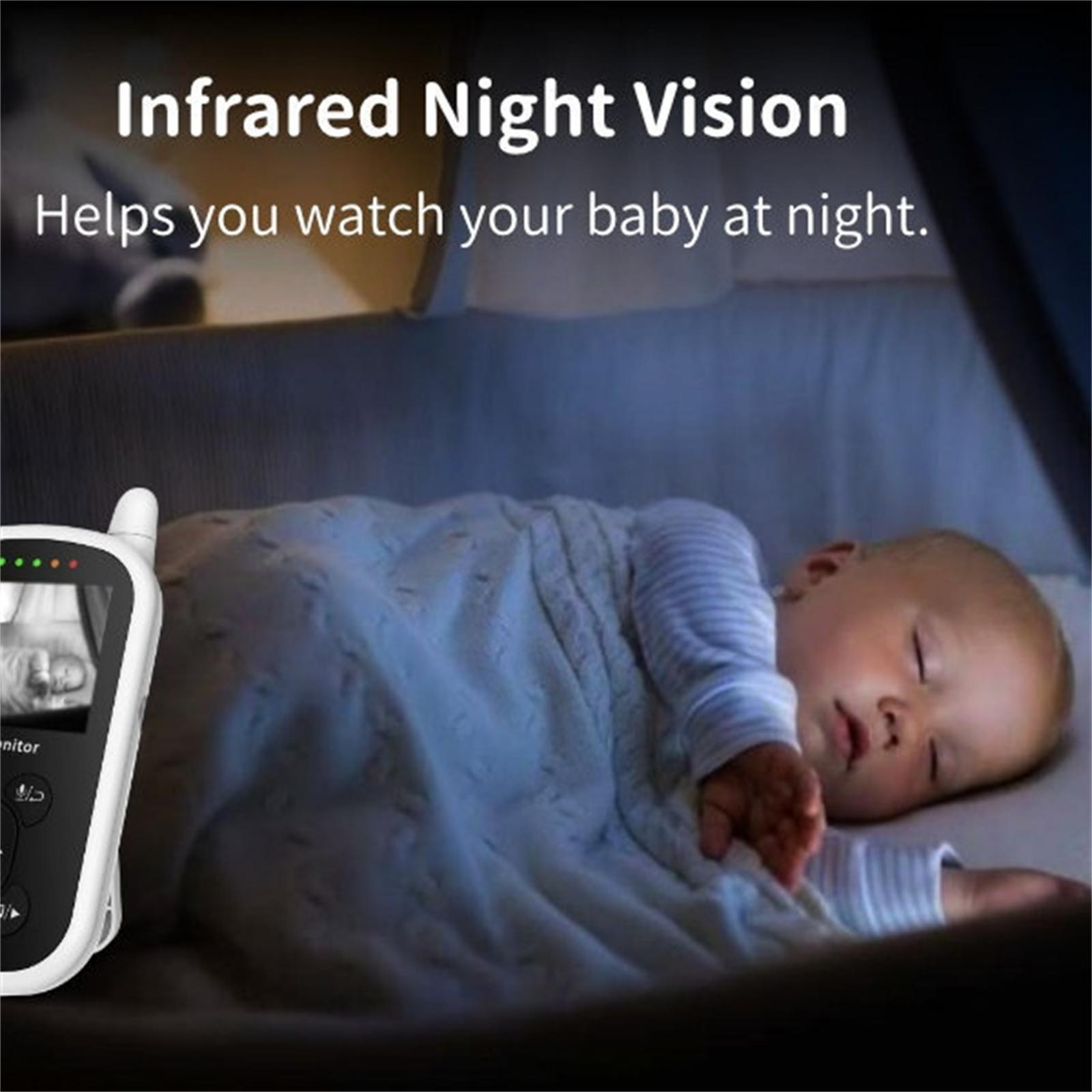 Ein Baby schläft in einem Kinderbett, ein Babyphone zeigt das Bild des Babys. Text: Infrarot-Nachtsicht.