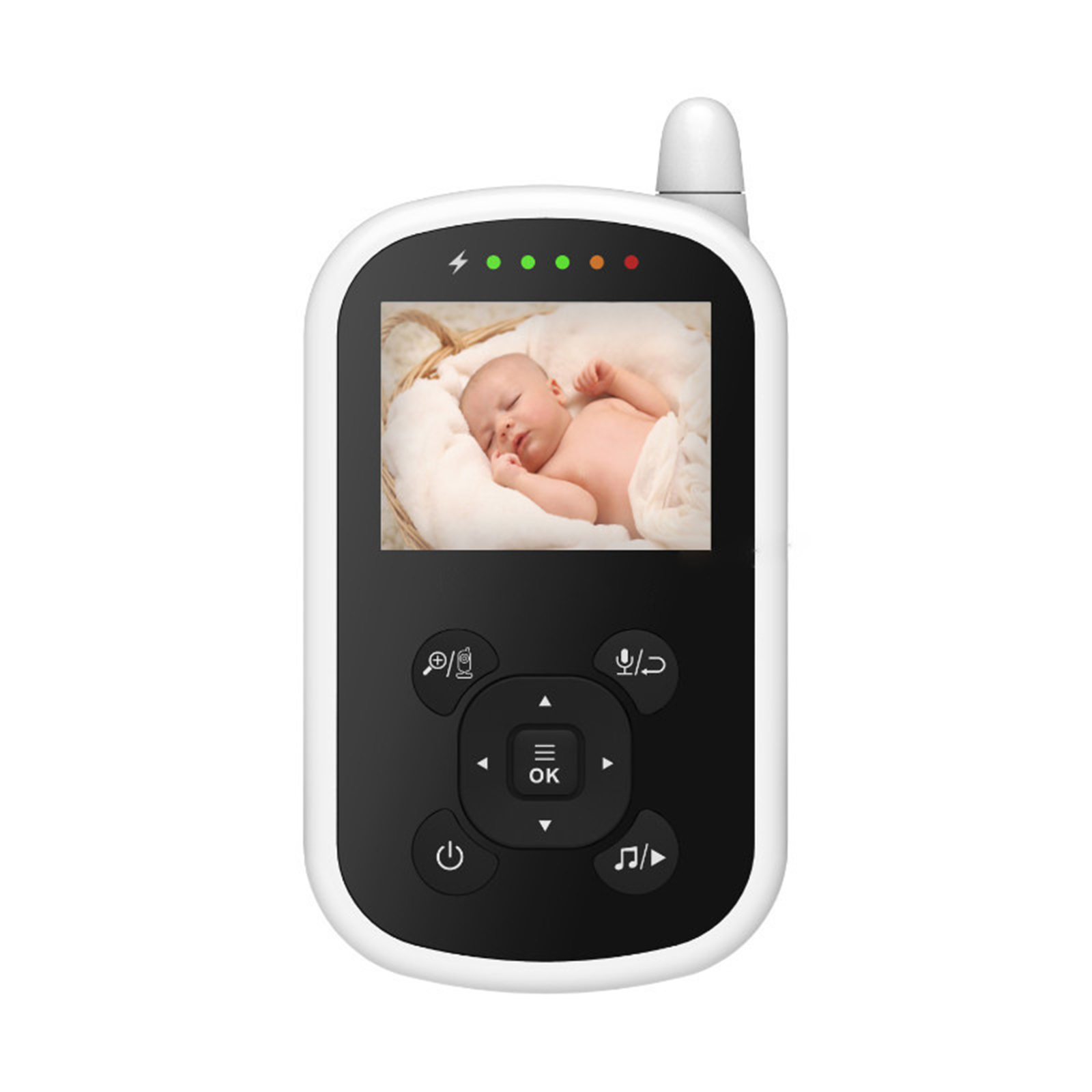 Ein Babyphone mit Bildschirm, auf dem ein schlafendes Baby zu sehen ist. Das Gerät hat Knöpfe und eine Antenne.
