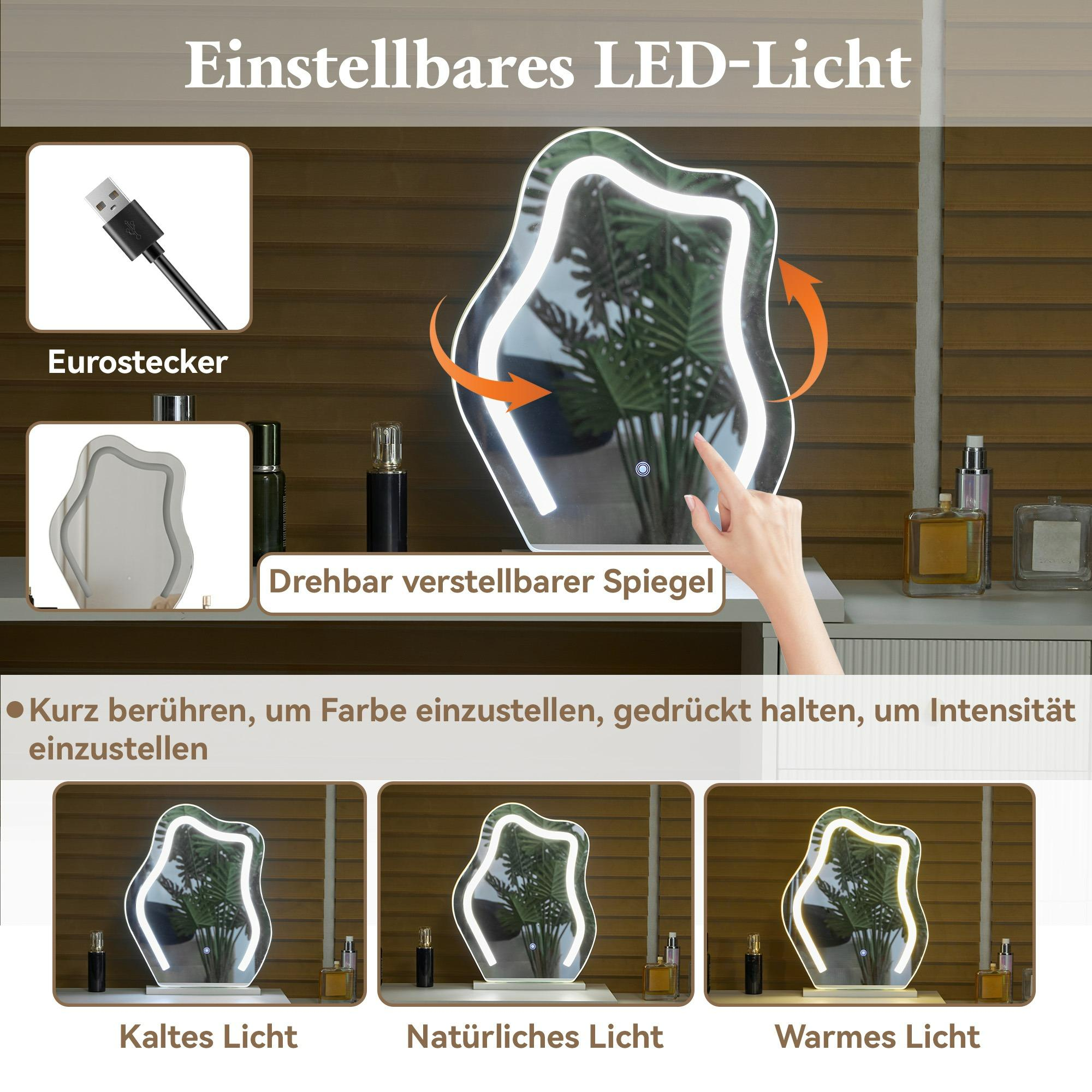 Ein beleuchteter LED-Spiegel mit einstellbaren Lichteinstellungen. Enthält Stecker, Spiegel und drei Lichtmodi.