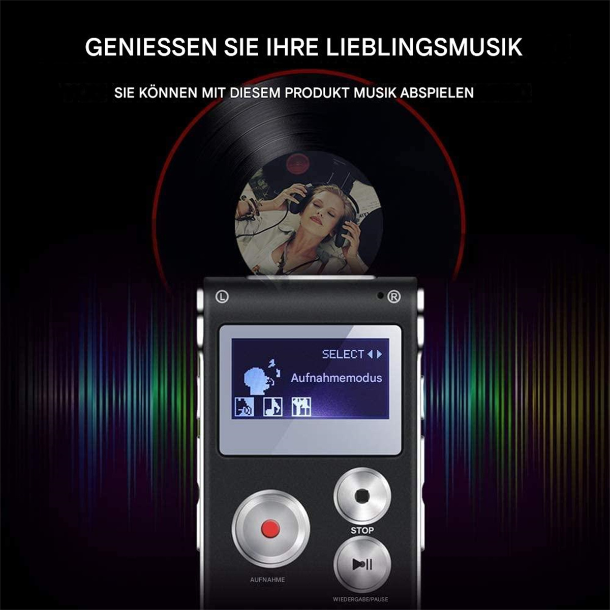 Digitaler Musikplayer mit Bildschirm. Im Hintergrund Schallplatte und Kopfhörer.