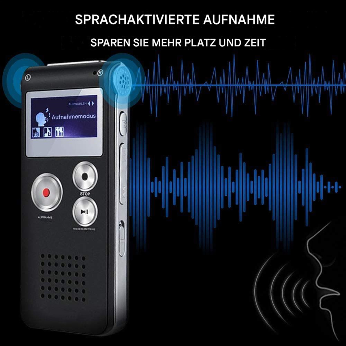Ein schwarzes digitales Sprachaufnahmegerät mit Knöpfen und einem Bildschirm, der Optionen und eine Wellenform anzeigt.