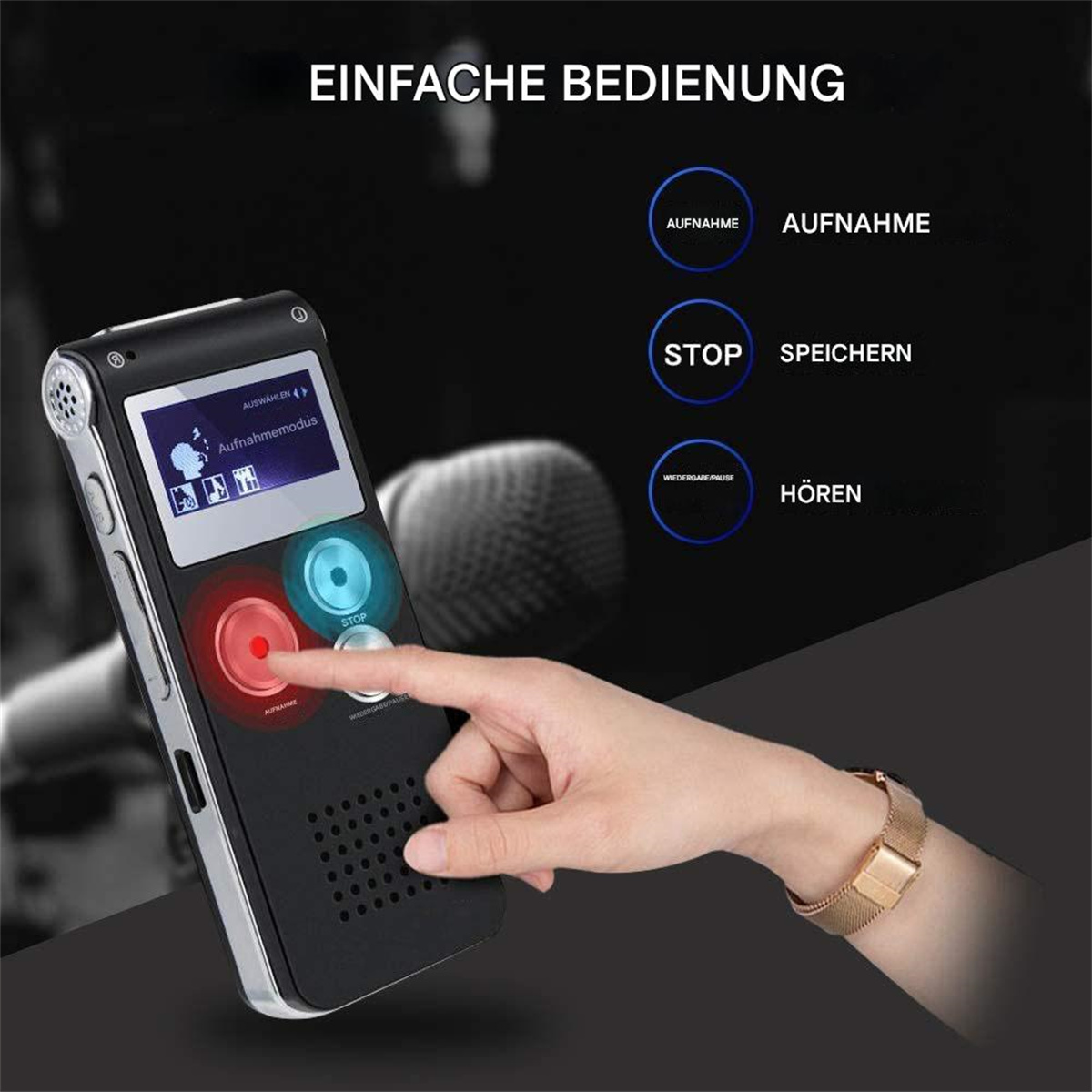 Eine Hand drückt eine Taste auf einem schwarz-silbernen Rekorder. Der Bildschirm zeigt 'Aufnahmemodus'.