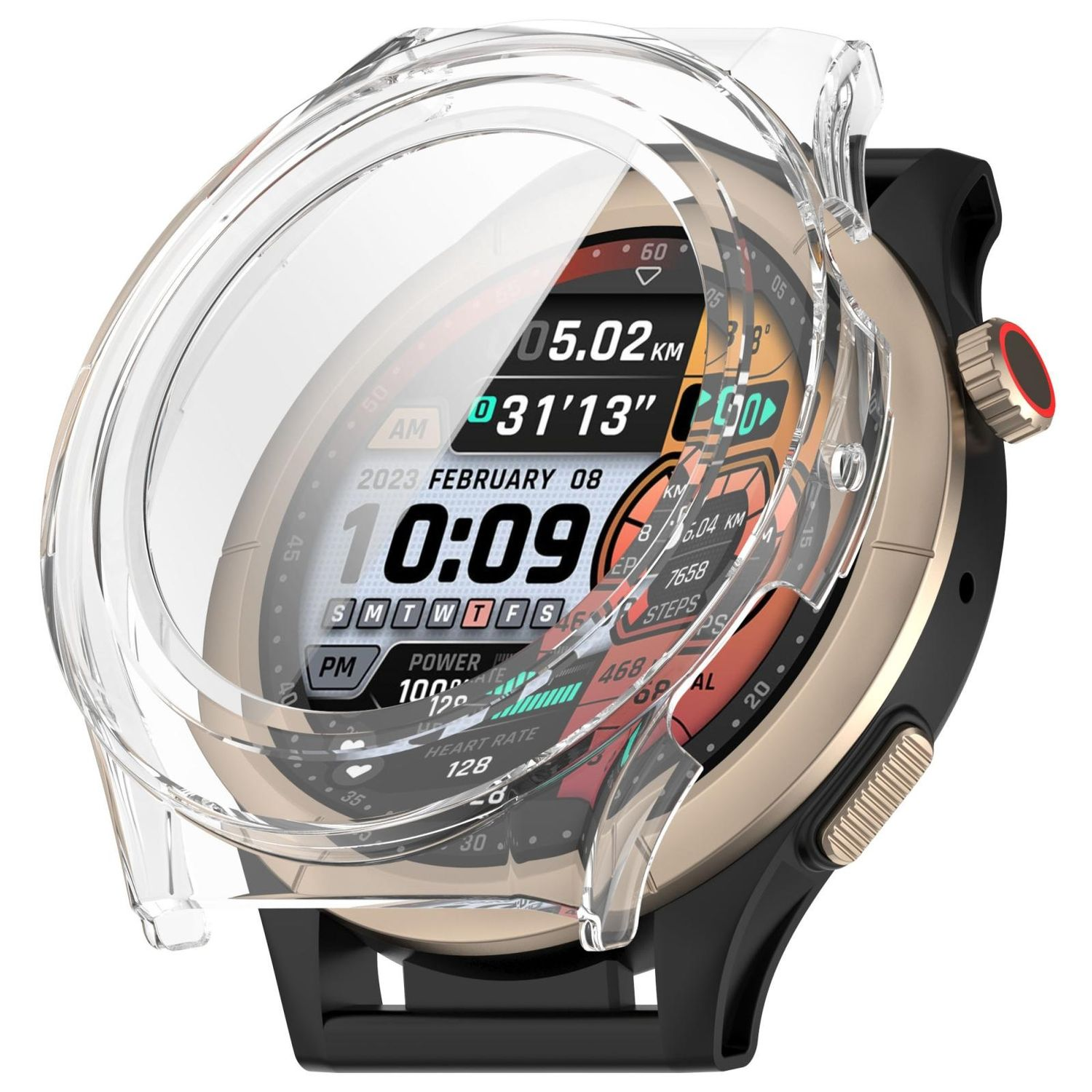 Smartwatch mit klarer Abdeckung, zeigt Zeit und Gesundheitsdaten an. Gold-Schwarz-Design.