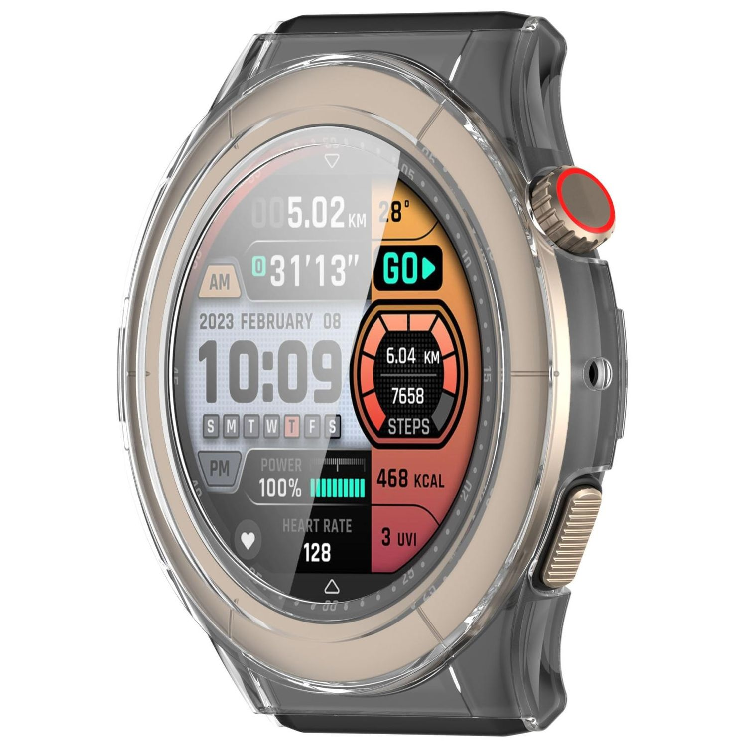 Smartwatch mit Zeit, Herzfrequenz und Aktivitätsdaten. Die Uhr hat eine transparente Hülle.