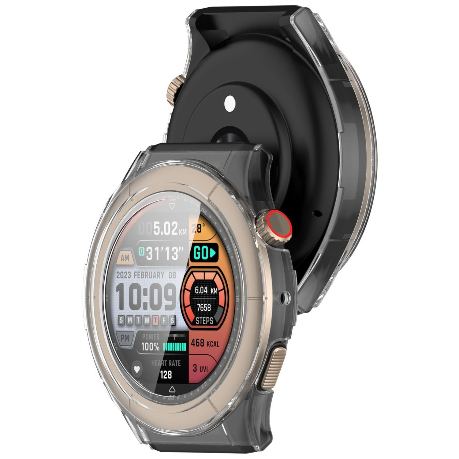 Smartwatch mit Schutzhülle, zeigt Zeit, Fitnessdaten und Herzfrequenz.