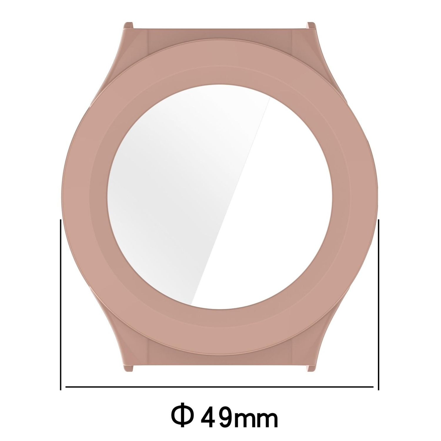 Eine pfirsichfarbene Uhrenhülle. Das Zifferblatt ist weiß und der Durchmesser beträgt 49 mm.