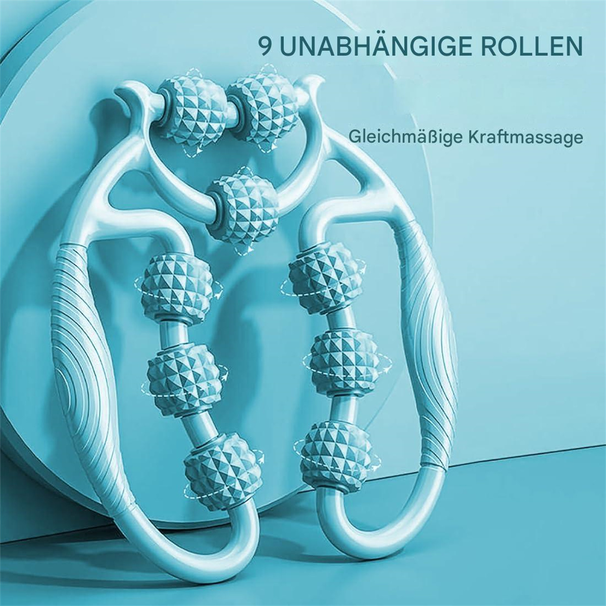 Blaues Massagegerät mit 9 Rollen. Zwei Griffe und mehrere blaue Kugeln, zur Körpermassage.