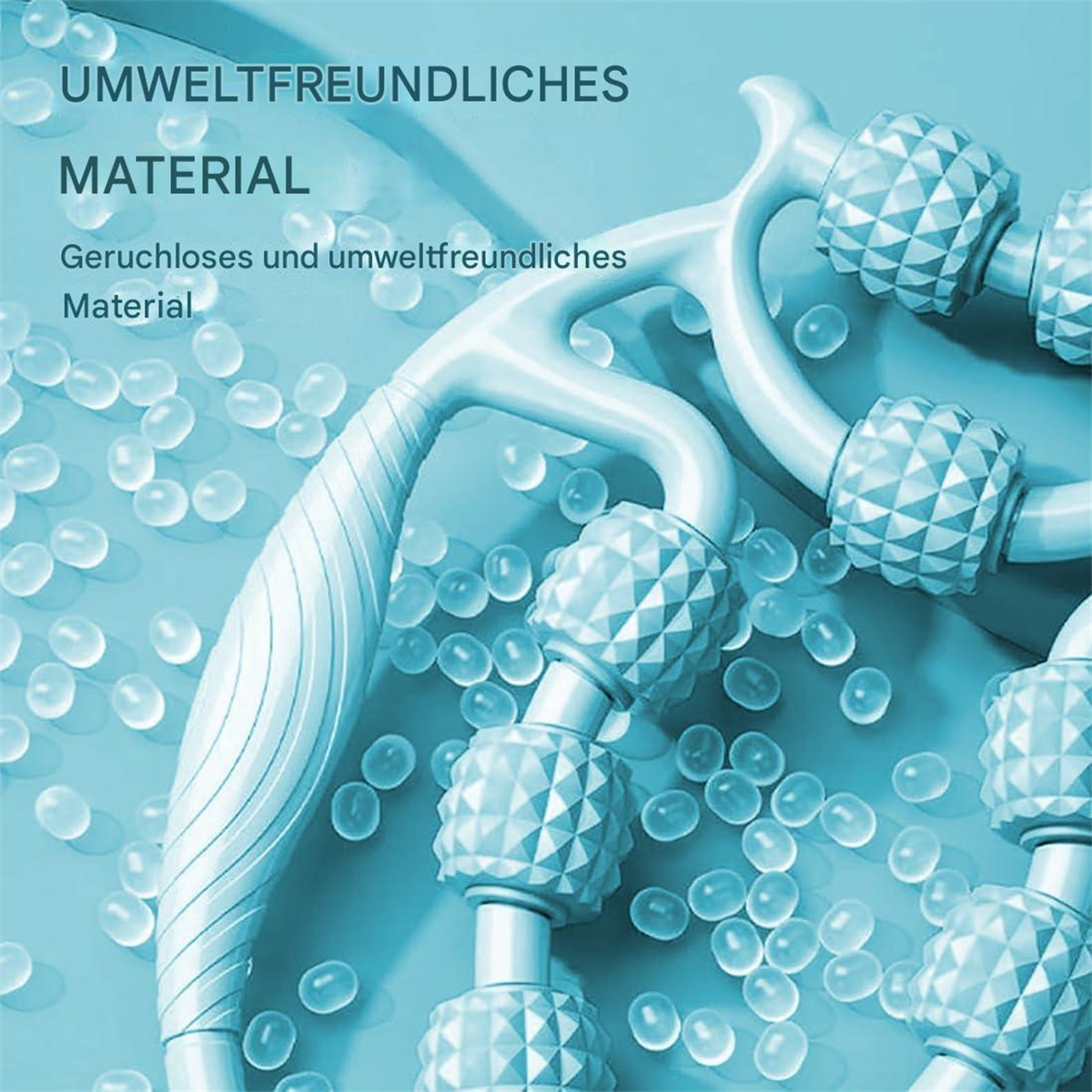 Eine hellblaue Massagerolle mit weißen Perlen auf hellblauem Hintergrund, wirbt für ein umweltfreundliches Produkt.