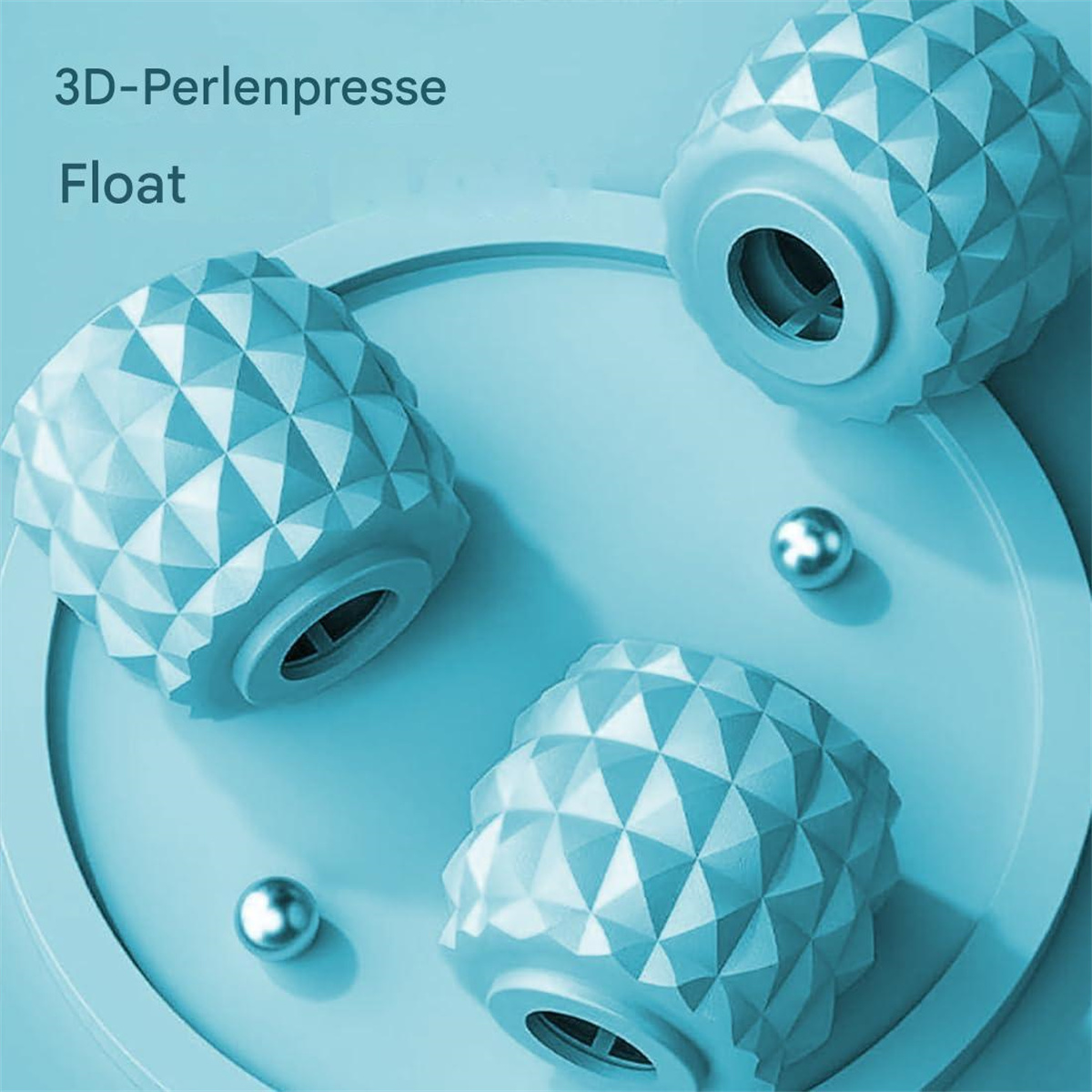 Drei hellblaue 3D-Perlenpresse, mit zwei kleinen silbernen Kugeln im Bild.