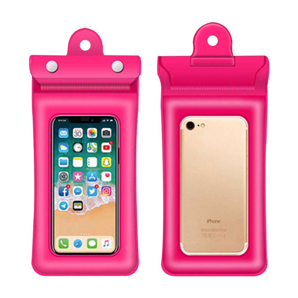Zwei pinke wasserdichte Handyhüllen, eine mit Telefon, die andere leer.