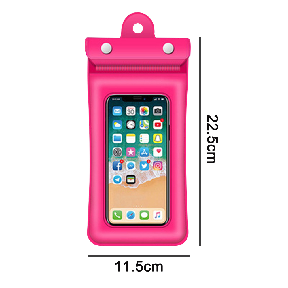 Eine rosa wasserdichte Handytasche mit einem Smartphone. Zeigt die Abmessungen.