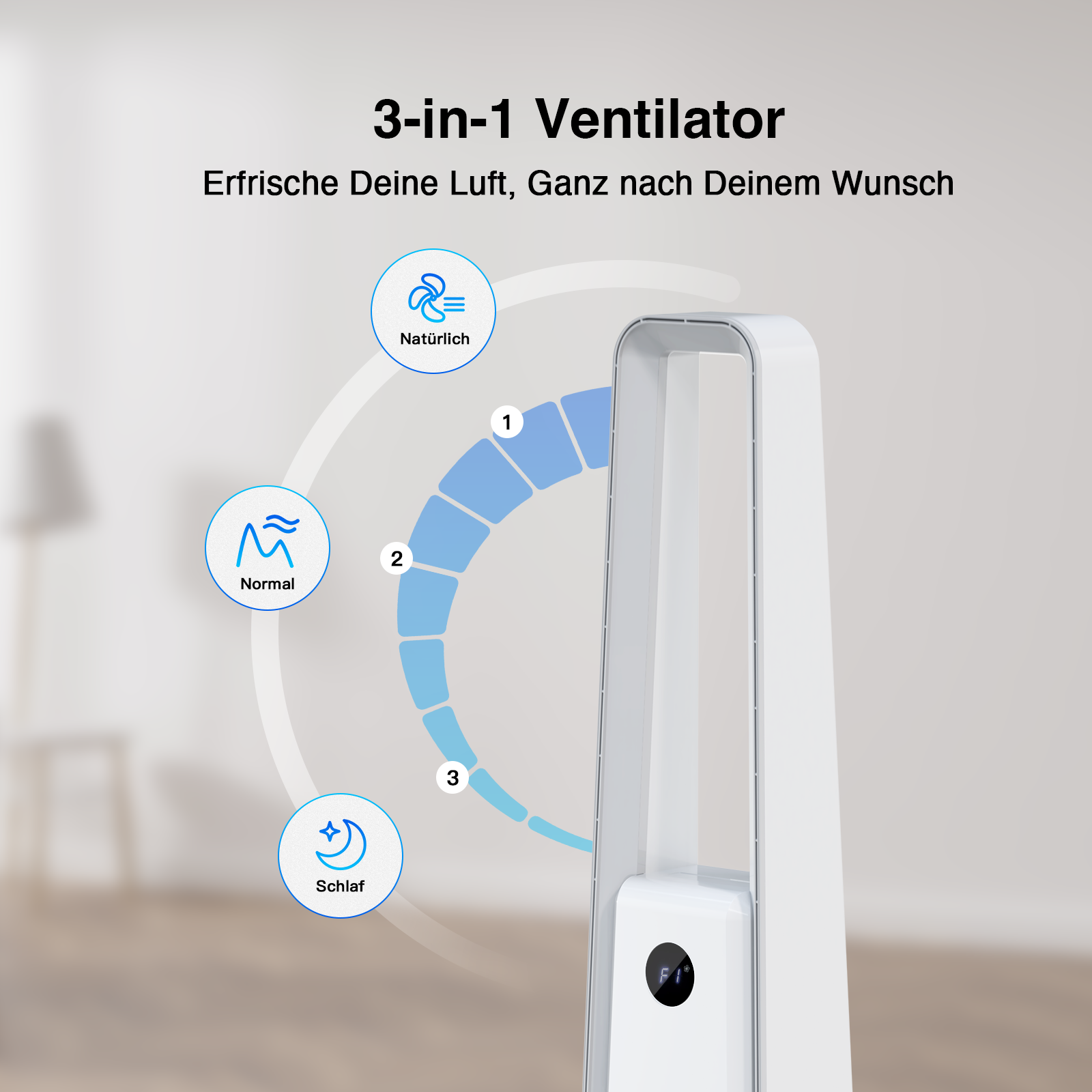 Weißer Ventilator mit drei Modi. Luftstromdiagramm mit den Einstellungen Normal, Natürlich und Schlaf.