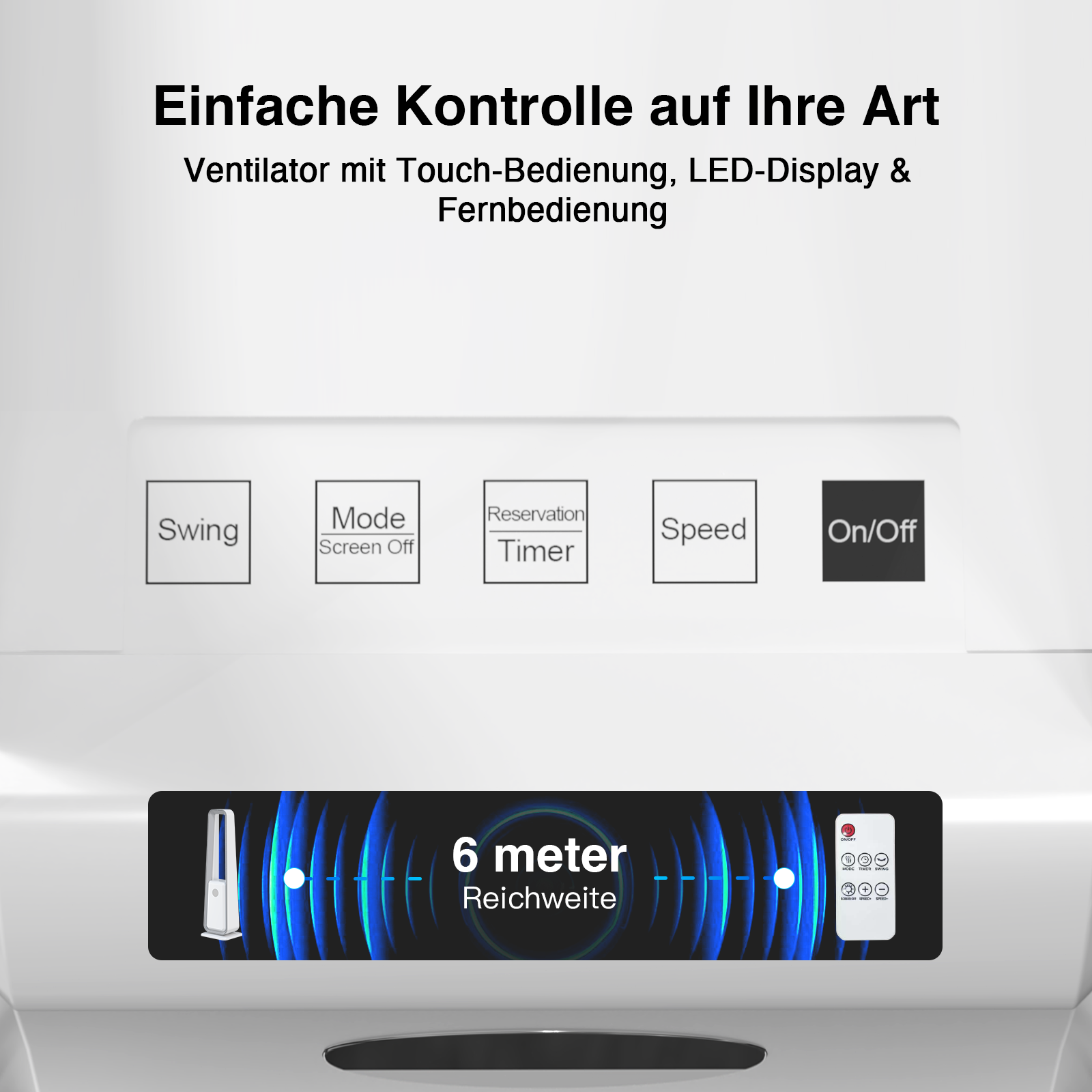 Weißes Lüfterbedienfeld mit Knöpfen, Display und Fernbedienung, Text auf Deutsch.