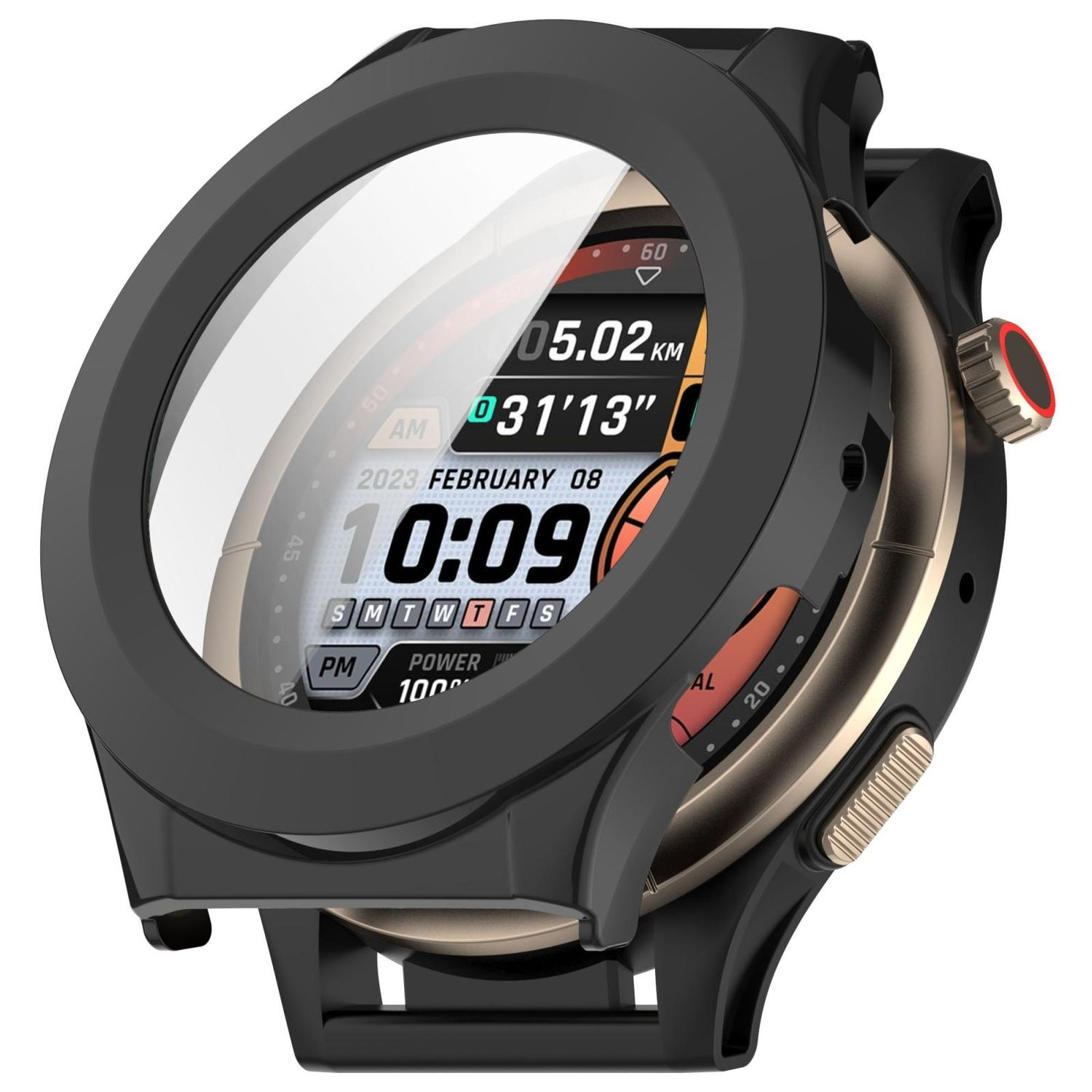Nahaufnahme einer Smartwatch mit schwarzem Gehäuse.